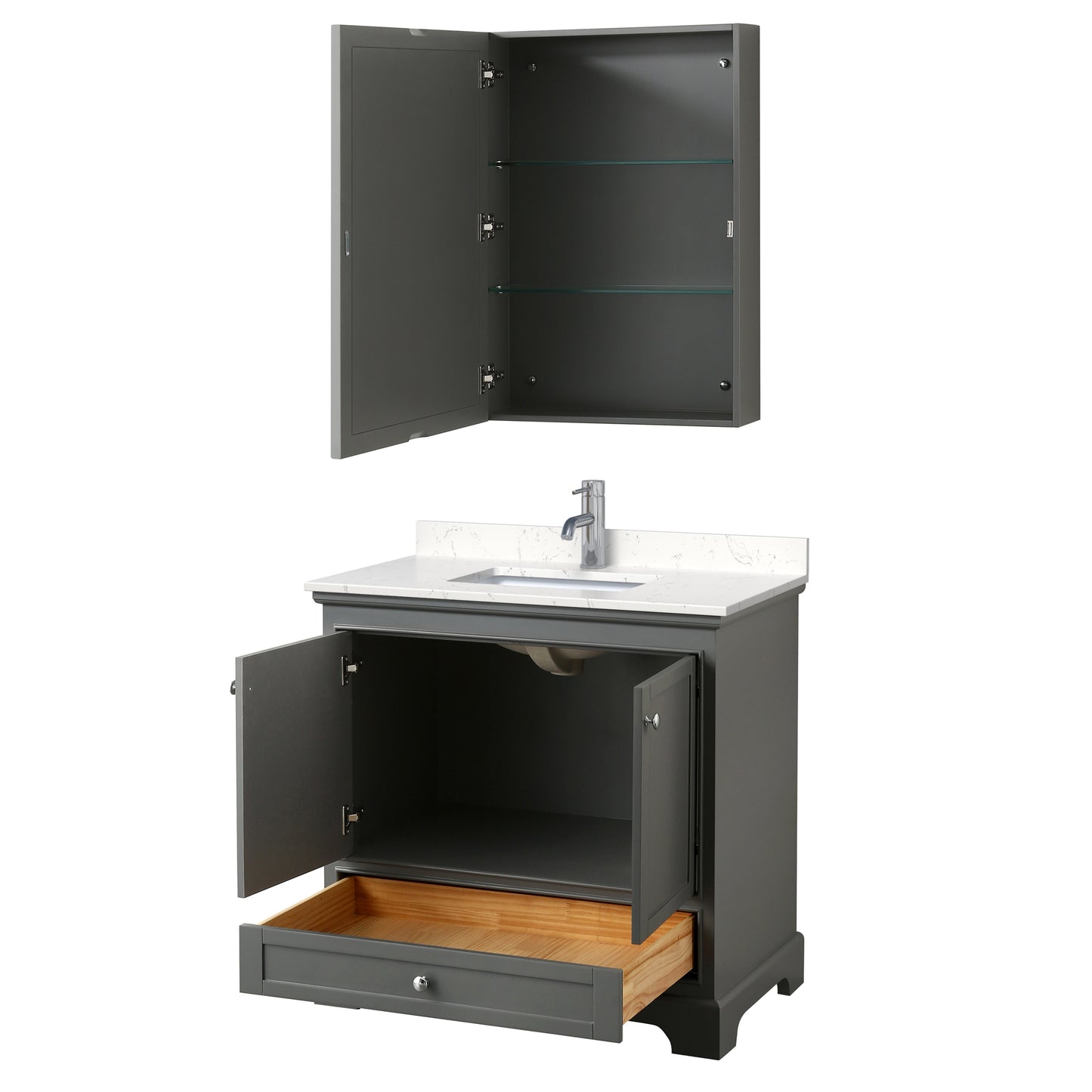 Deborah 36" Single Vanity in Gray, Carrara Cultured Marble Top, Medicine Cabinet