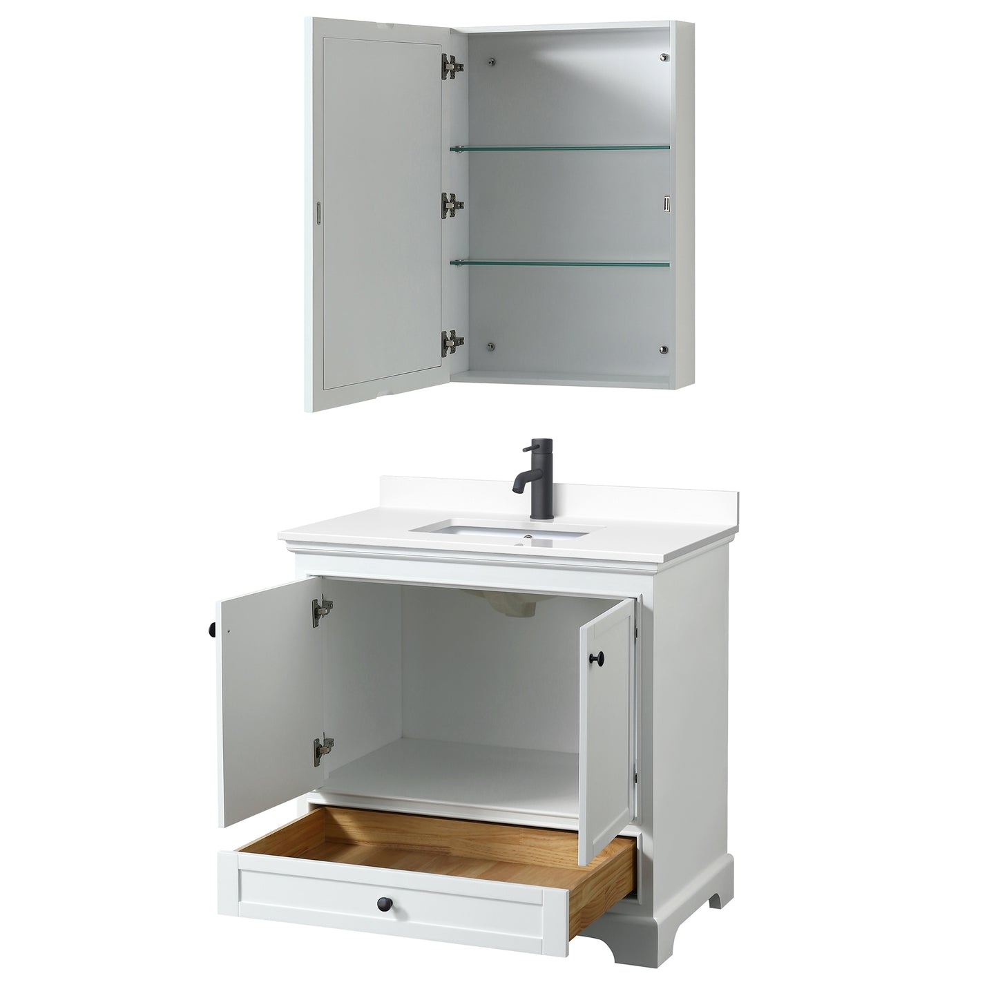 Deborah 36" White Single Vanity, White Marble Top, Black Trim, Medicine Cabinet