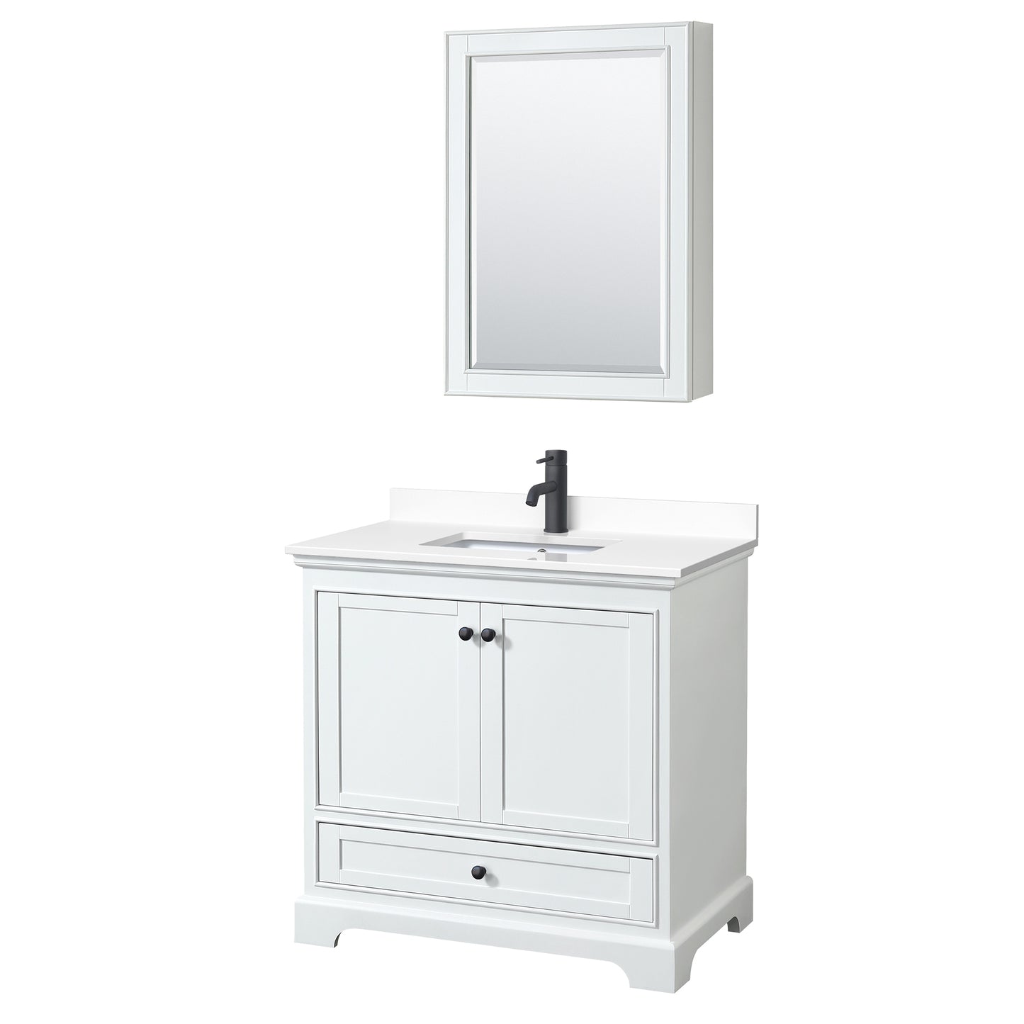 Deborah 36" White Single Vanity, White Marble Top, Black Trim, Medicine Cabinet