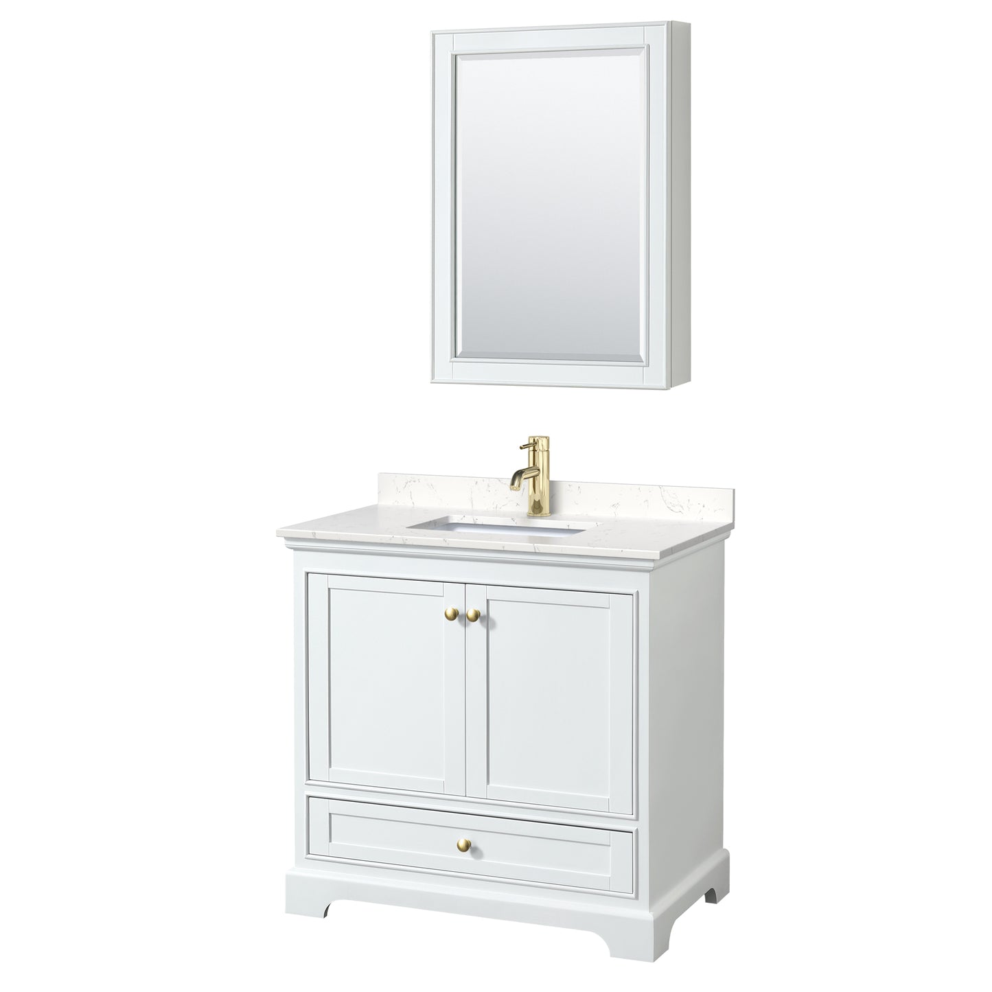 Deborah 36" White Single Vanity, Carrara Marble Top, Gold Trim, Medicine Cabinet