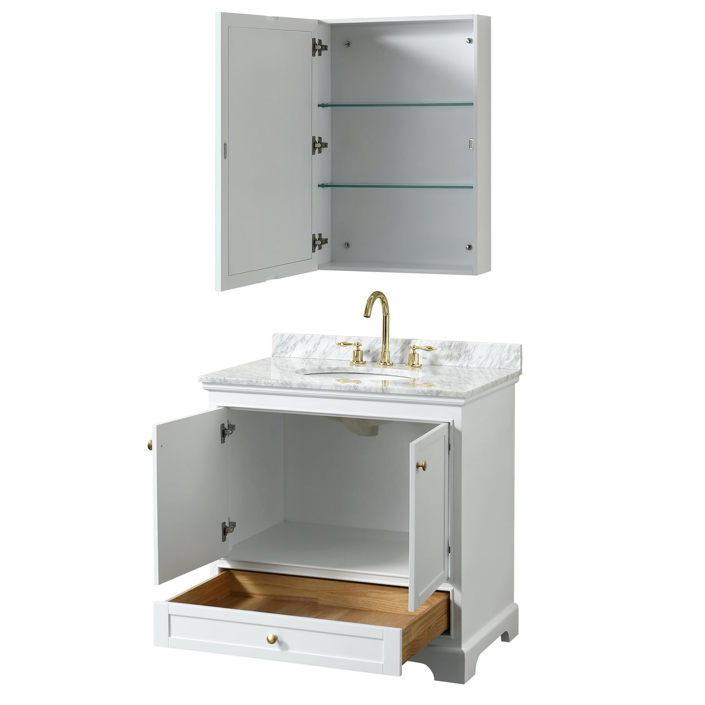 Deborah 36" White Single Vanity, Top, Oval Brushed Gold Trim, Medicine Cabinet