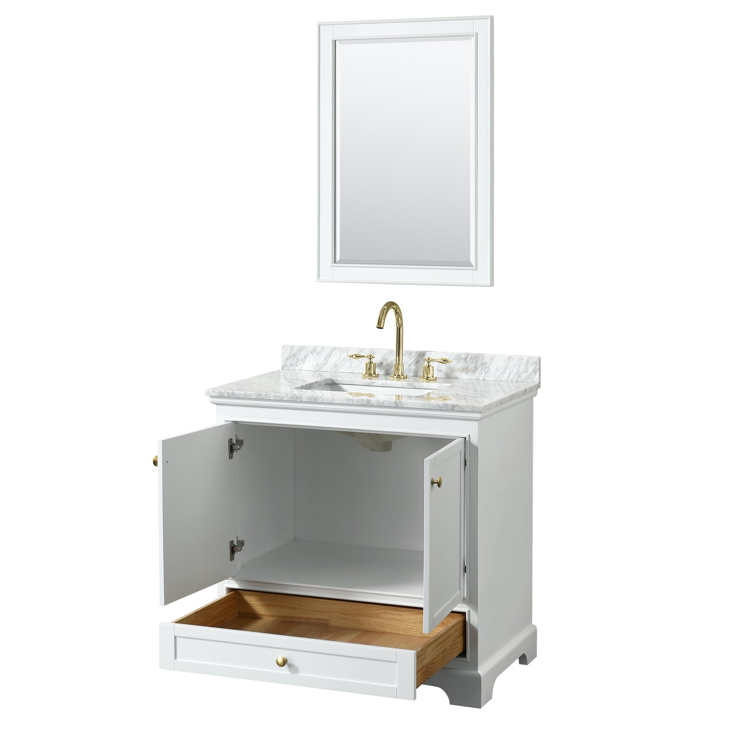 Deborah 36" Single Vanity in White, Top, Square Brushed Gold Trim, 24" Mirror