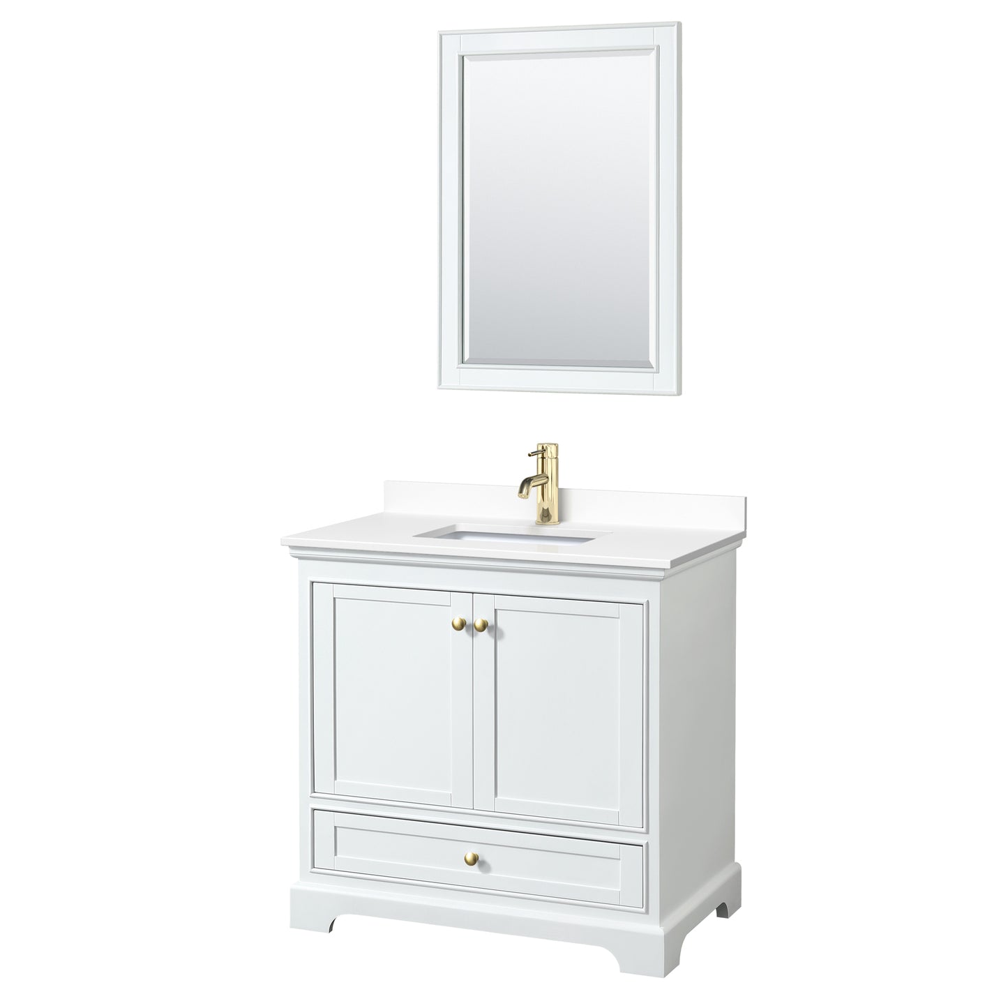 Deborah 36" Single Vanity in White, White Marble Top, Gold Trim, 24" Mirror