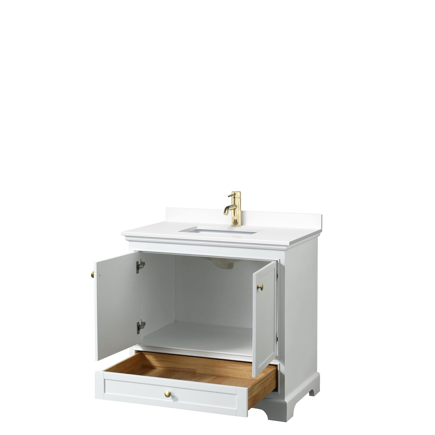 Deborah 36" Single Vanity in White, White Marble Top, Gold Trim, No Mirror