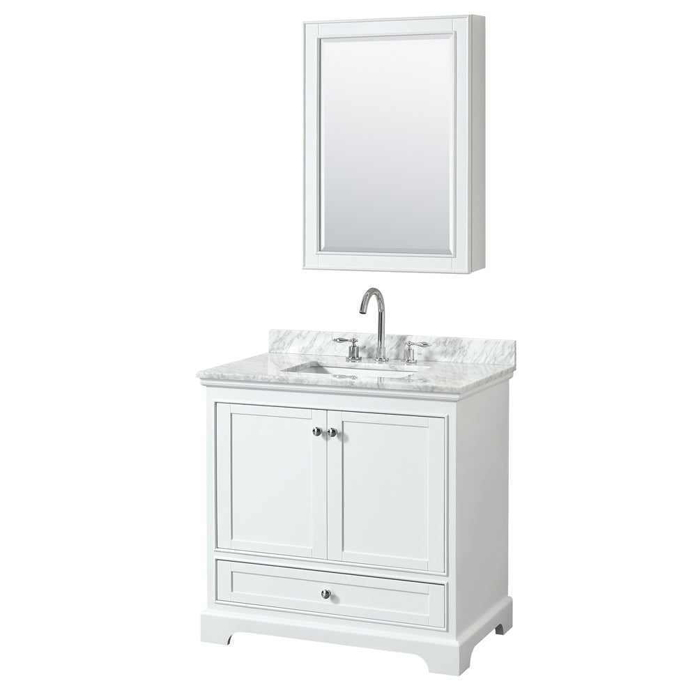 Deborah 36 inch Single Bathroom Vanity in White, White Carrara Marble Countertop, Undermount Square Sink, and Medicine Cabinet