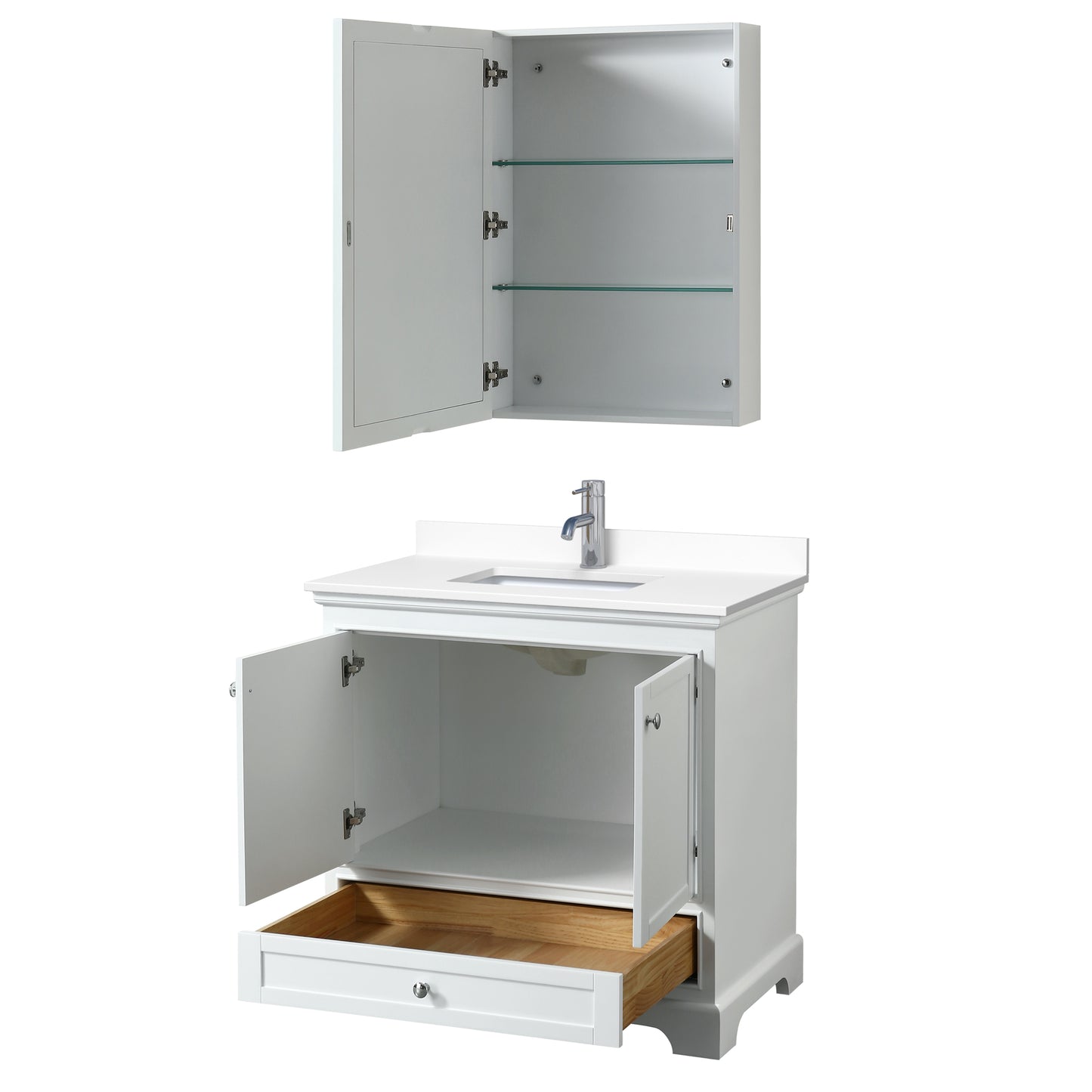 Deborah 36" Single Vanity in White, White Cultured Marble Top, Medicine Cabinet