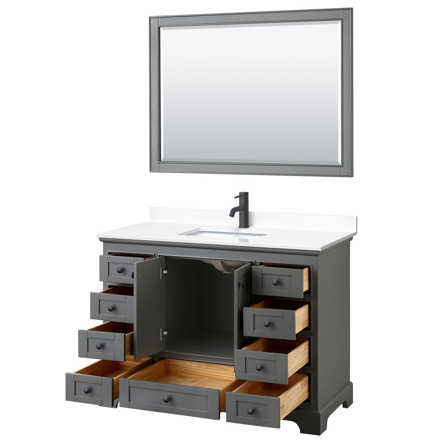 Deborah 48" Single Vanity in Dark Gray, White Marble Top, Black Trim, 46" Mirror