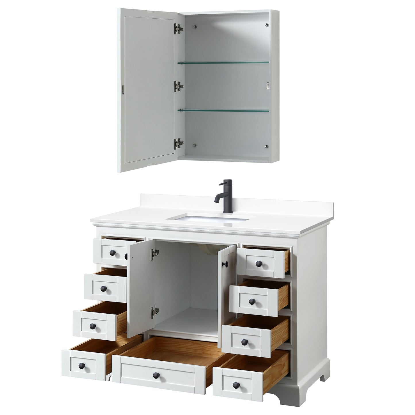 Deborah 48" White Single Vanity, White Marble Top, Black Trim, Medicine Cabinet