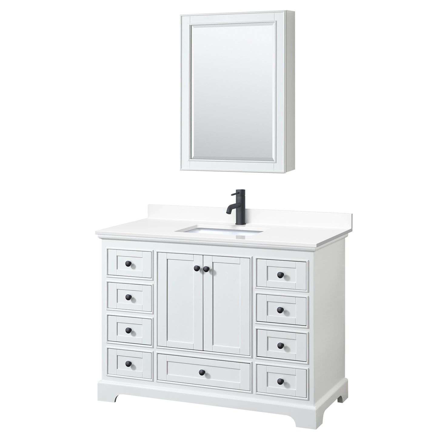 Deborah 48" White Single Vanity, White Marble Top, Black Trim, Medicine Cabinet