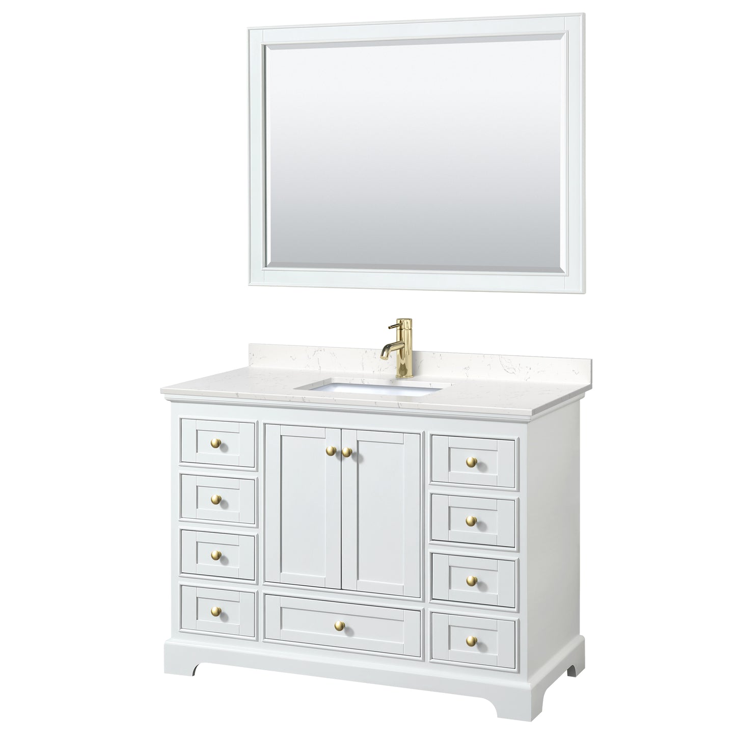 Deborah 48" Single Vanity in White, Carrara Marble Top, Gold Trim, 46" Mirror