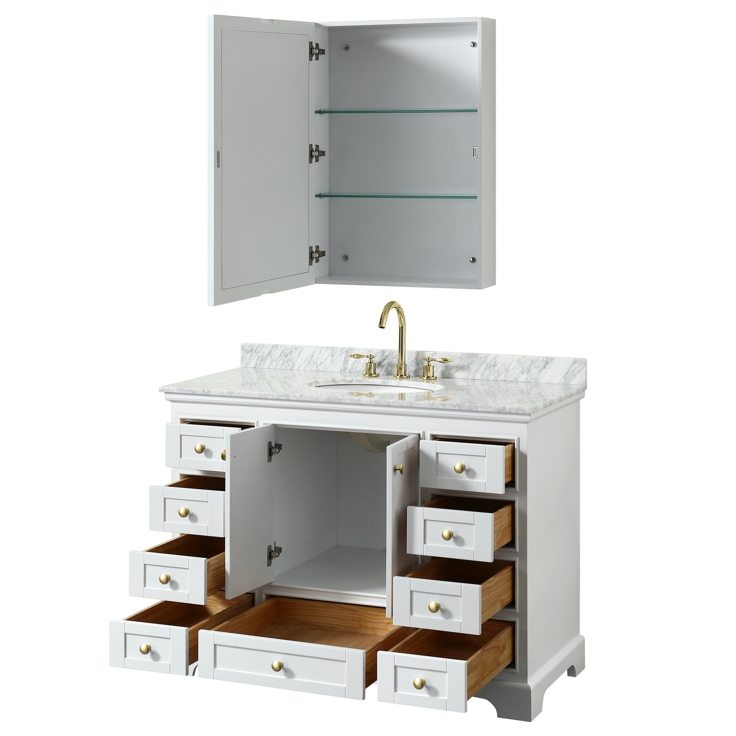 Deborah 48" White Single Vanity, Top, Oval Brushed Gold Trim, Medicine Cabinet