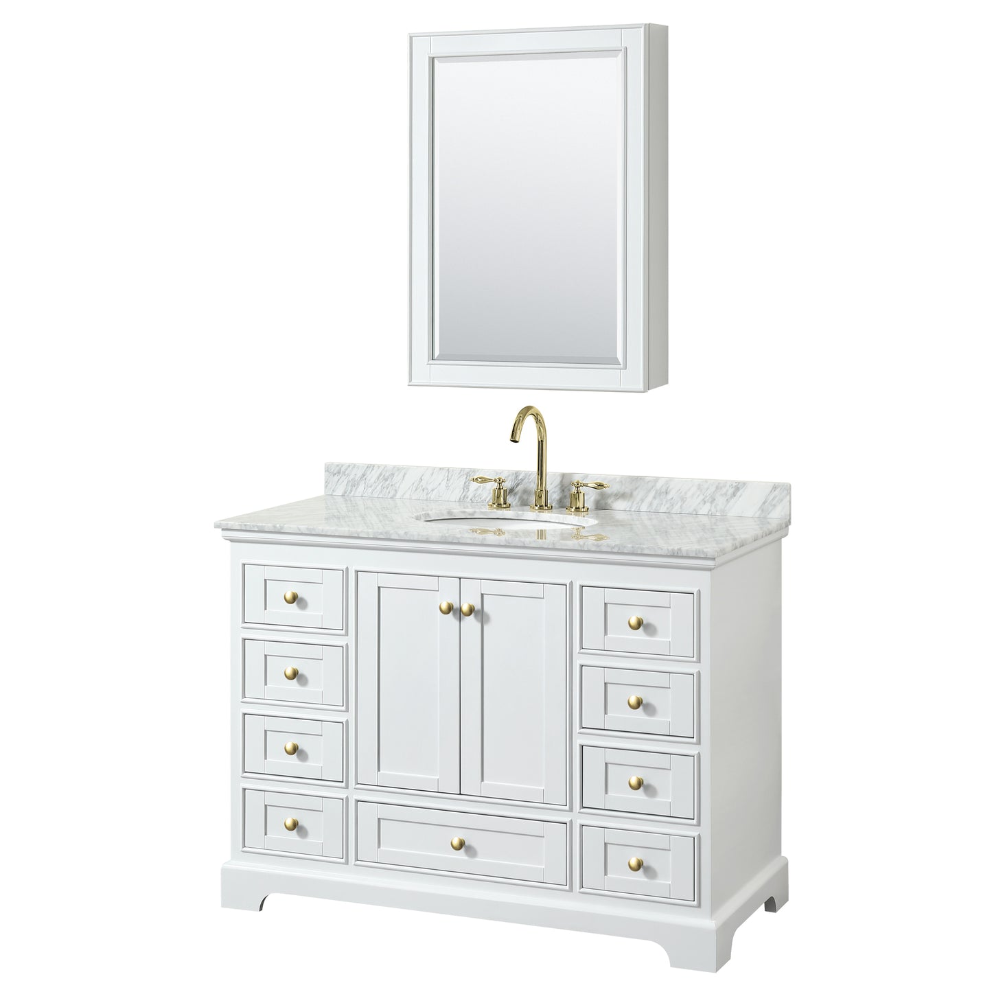 Deborah 48" White Single Vanity, Top, Oval Brushed Gold Trim, Medicine Cabinet