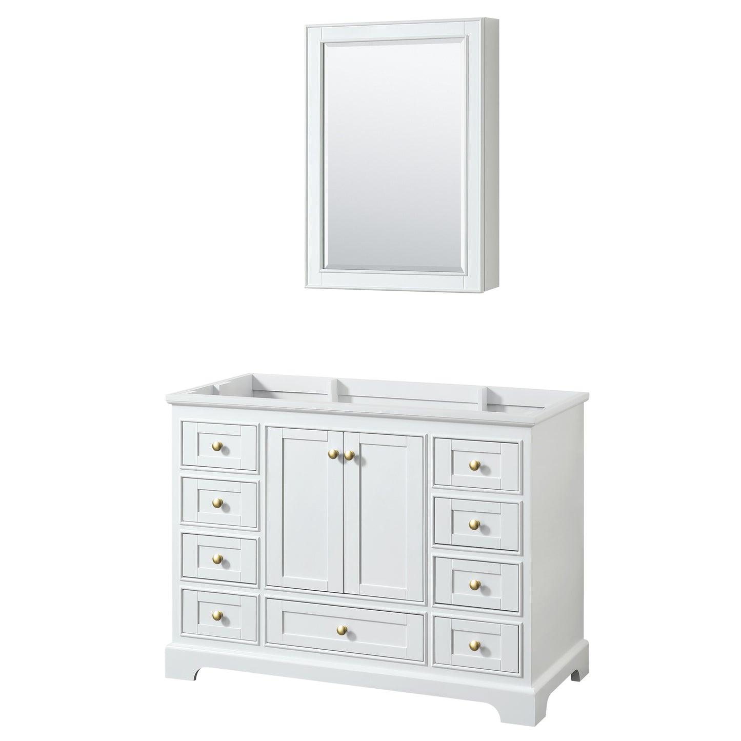 Deborah 48" Single Vanity in White, No Top, Brushed Gold Trim, Medicine Cabinet
