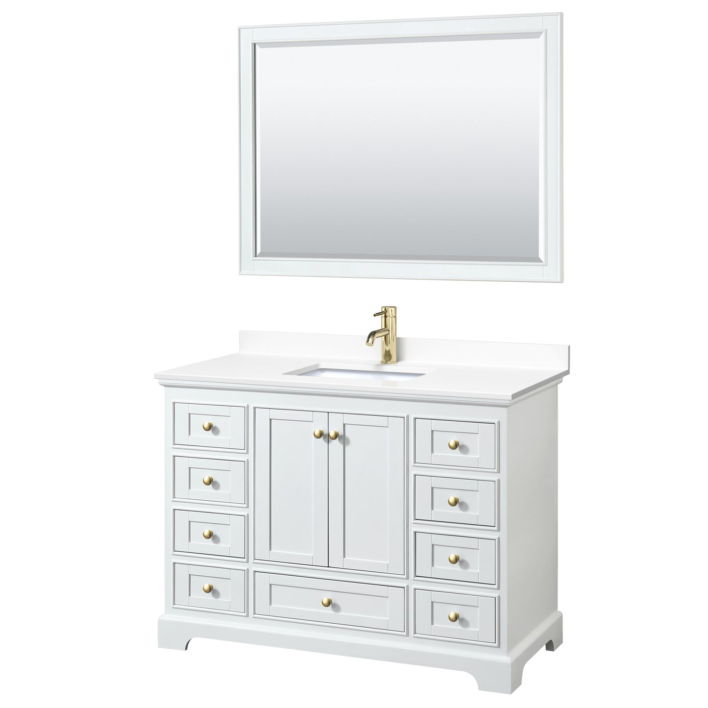 Deborah 48" Single Vanity in White, White Marble Top, Gold Trim, 46" Mirror