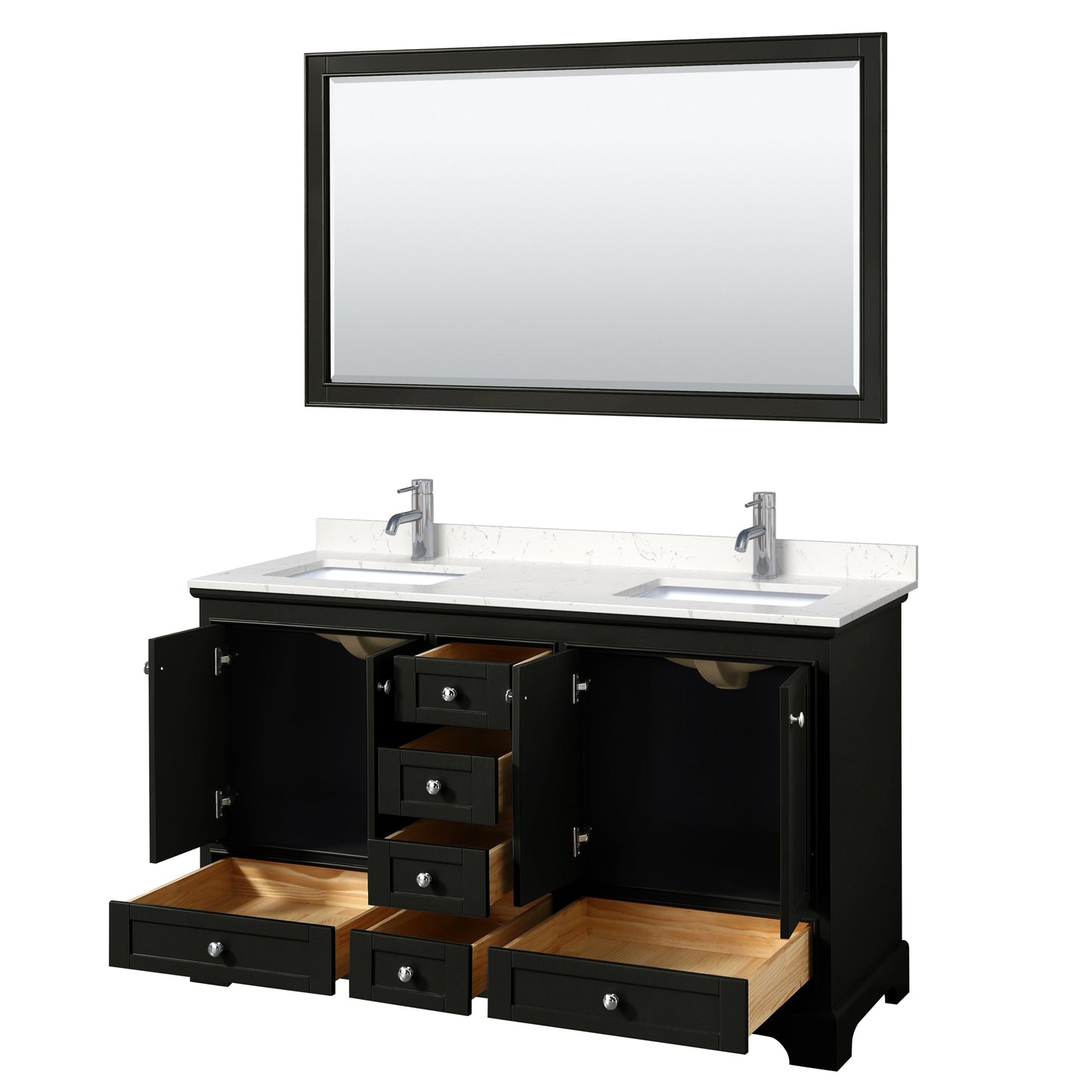 Deborah 60" Double Vanity in Espresso, Carrara Cultured Marble Top, 58" Mirror
