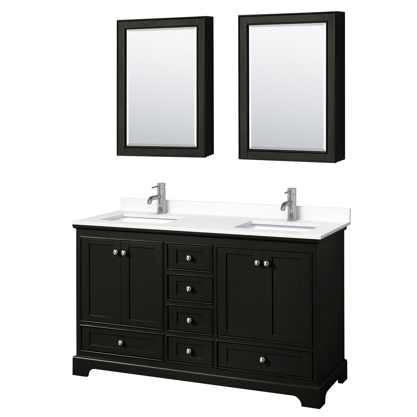 Deborah 60" Double Vanity in Espresso, White Marble Top, Medicine Cabinets