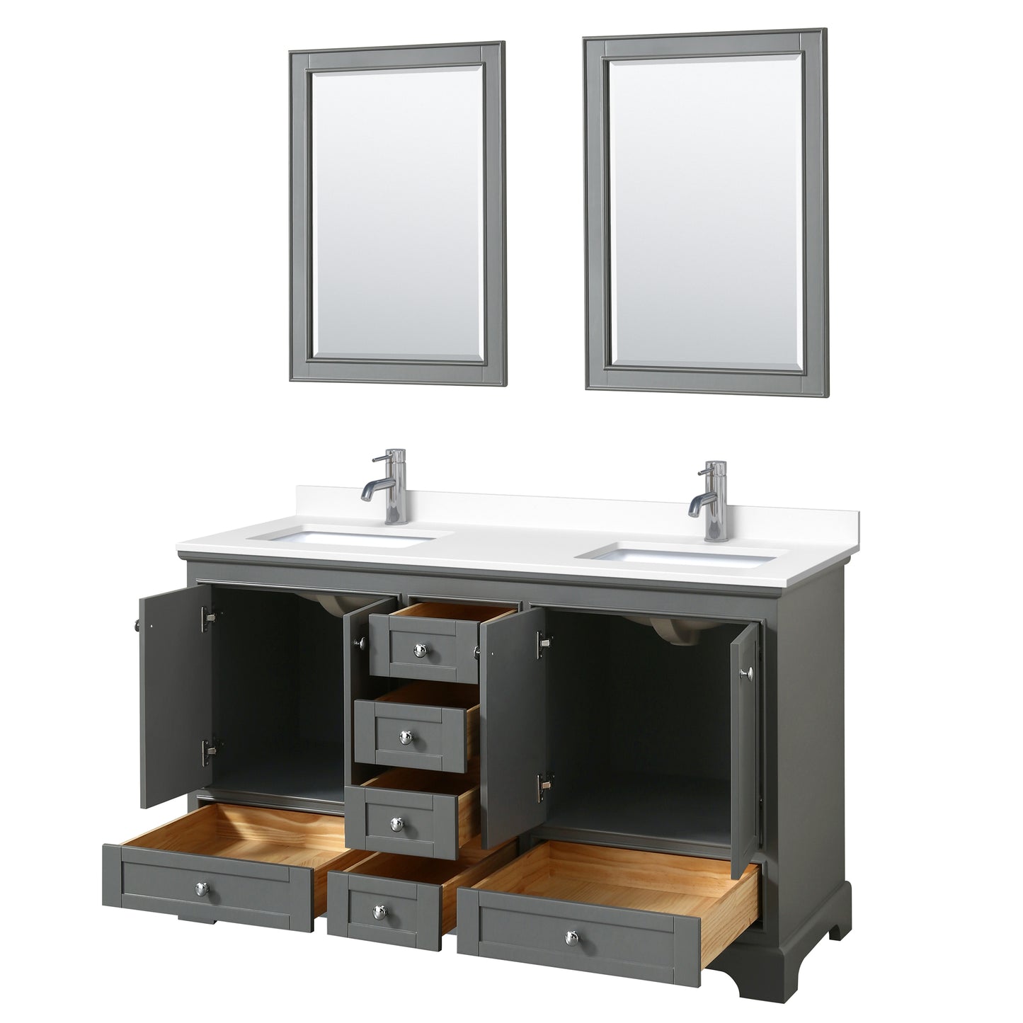 Deborah 60" Double Vanity in Dark Gray, White Cultured Marble Top, 24" Mirrors