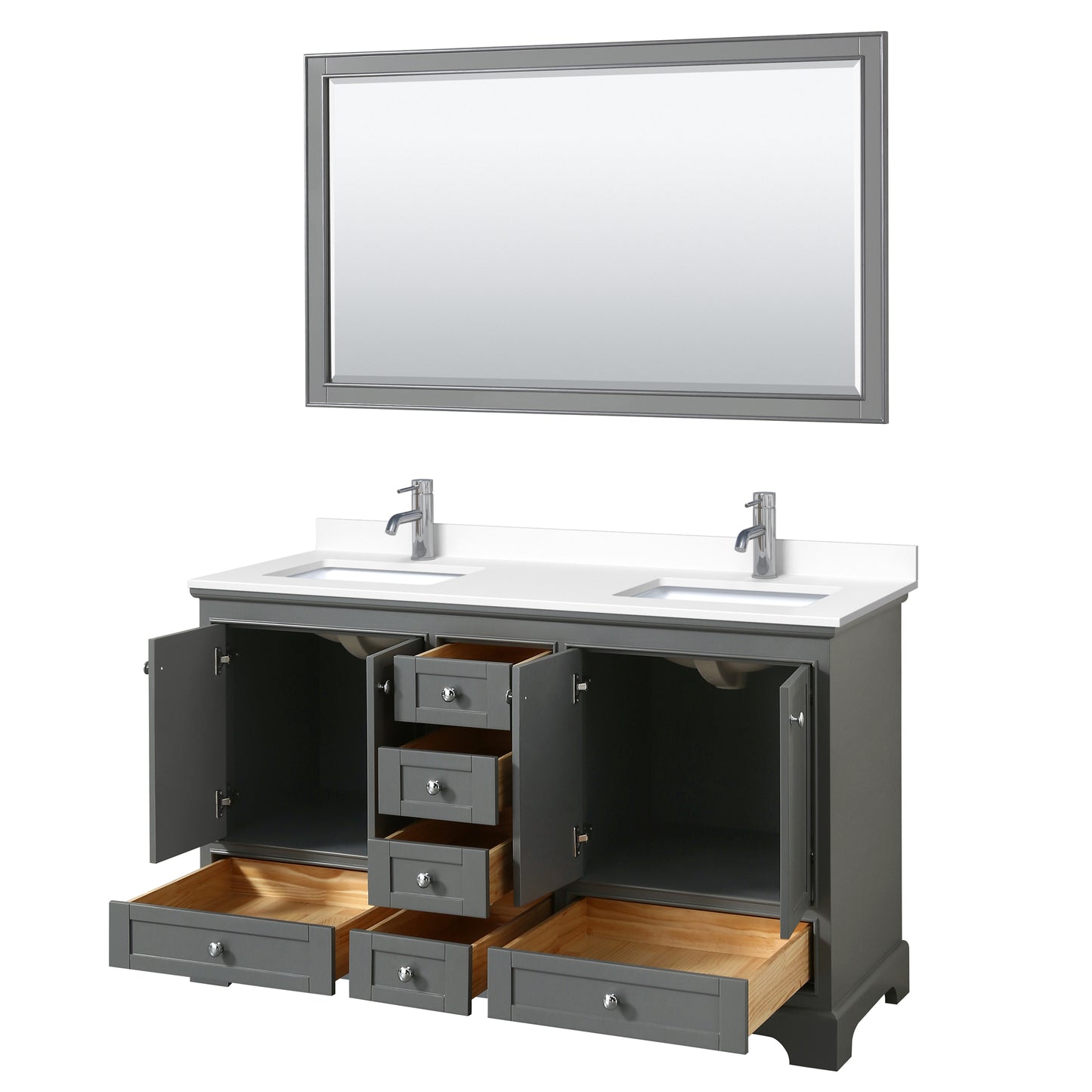 Deborah 60" Double Vanity in Dark Gray, White Cultured Marble Top, 58" Mirror