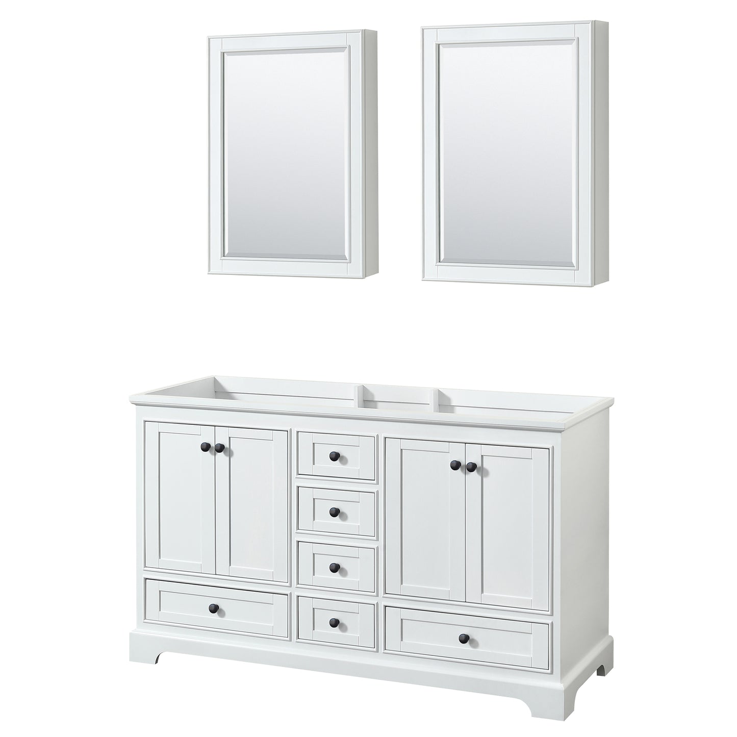 Deborah 60" Double Vanity in White, No Top, Matte Black Trim, Medicine Cabinets