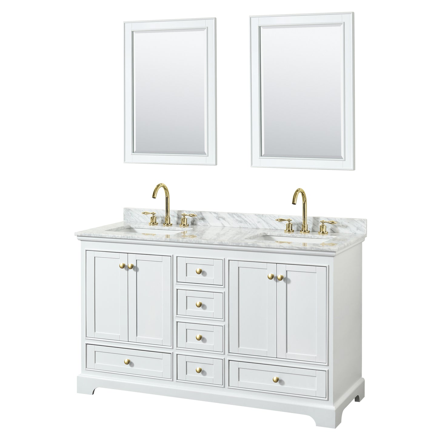 Deborah 60" Double Vanity in White, Top, Square Brushed Gold Trim, 24" Mirrors