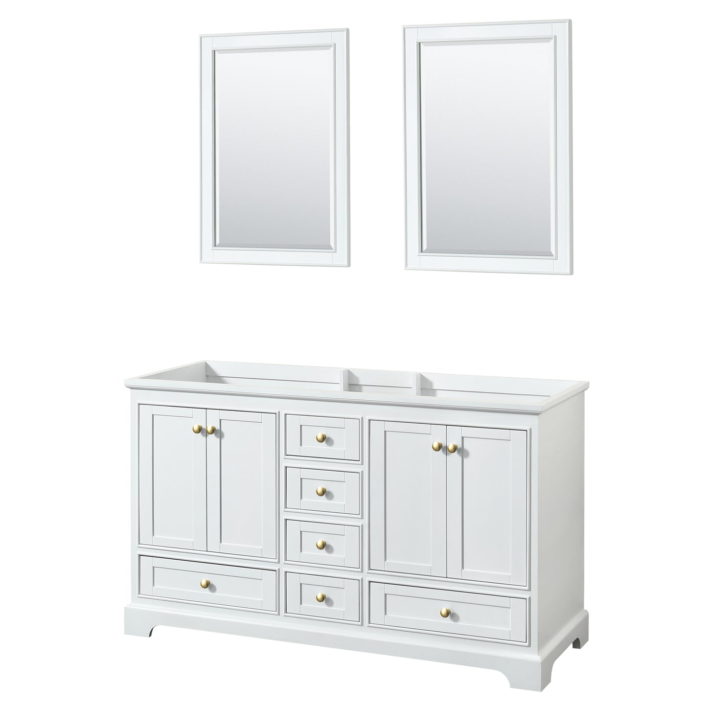 Deborah 60" Double Vanity in White, No Top, Brushed Gold Trim, 24" Mirrors