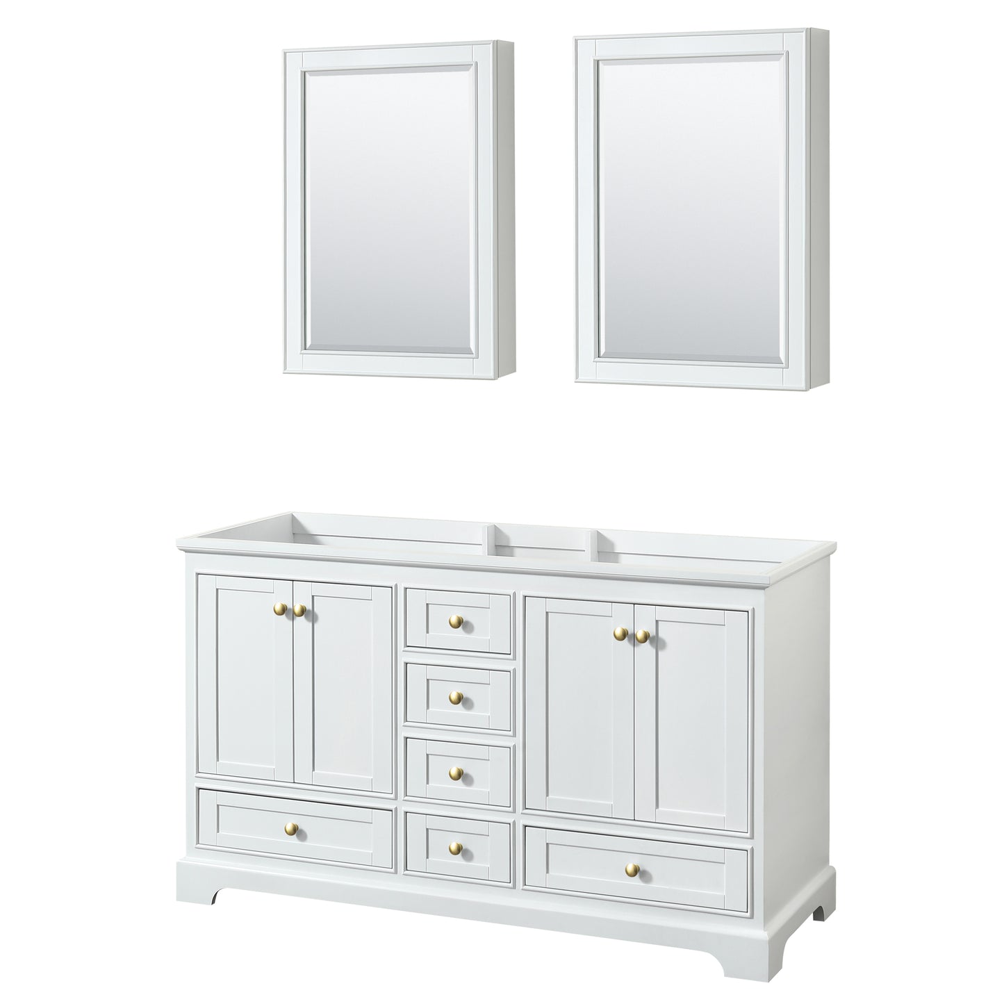 Deborah 60" Double Vanity in White, No Top, Brushed Gold Trim, Medicine Cabinets