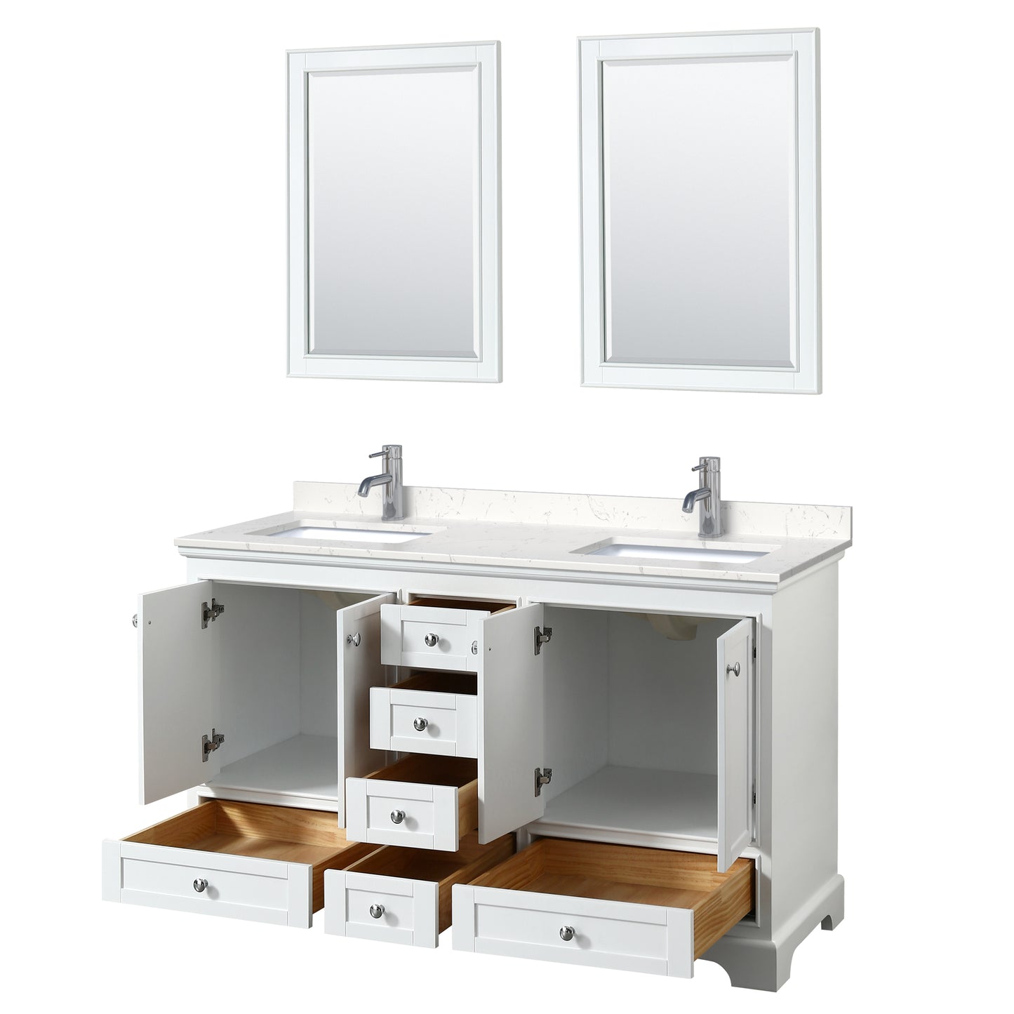 Deborah 60" Double Vanity in White, Carrara Cultured Marble Top, 24" Mirrors