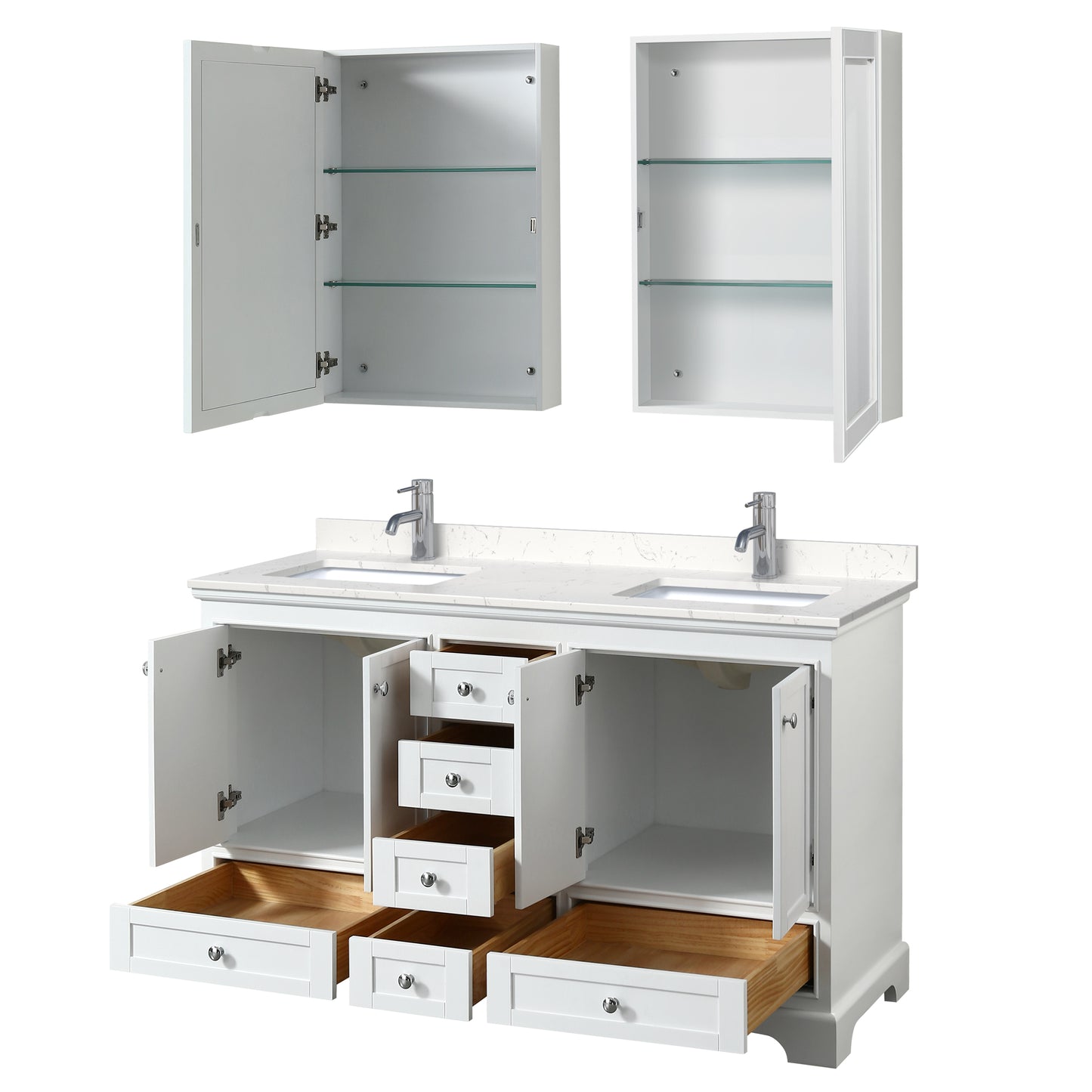 Deborah 60" Double Vanity in White, Carrara Marble Top, Medicine Cabinets