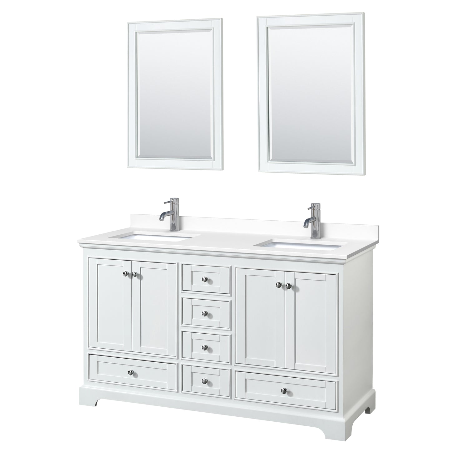 Deborah 60" Double Vanity in White, White Cultured Marble Top, 24" Mirrors