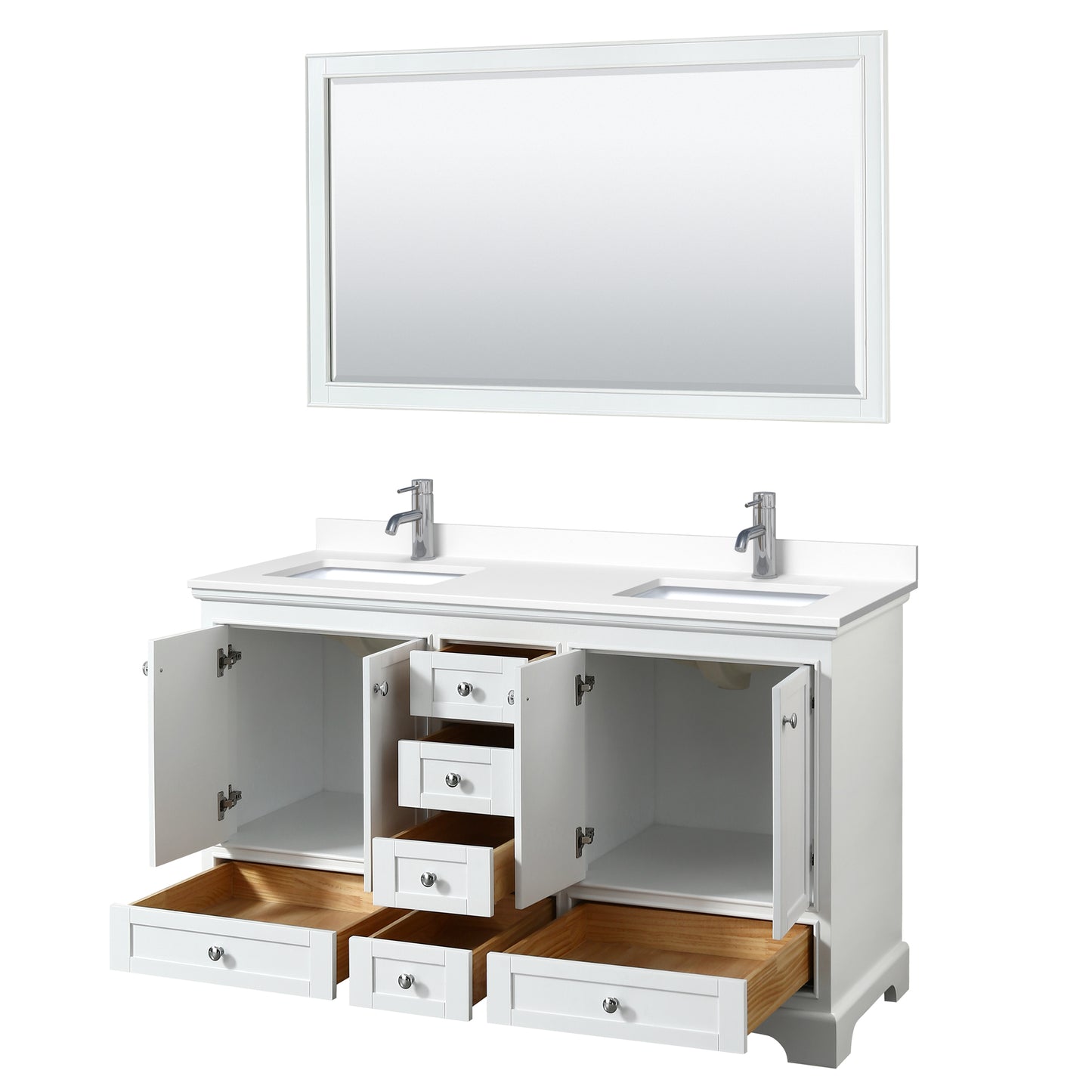 Deborah 60" Double Vanity in White, White Cultured Marble Top, Sinks, 58" Mirror