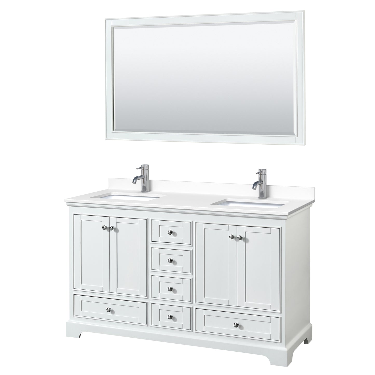 Deborah 60" Double Vanity in White, White Cultured Marble Top, Sinks, 58" Mirror