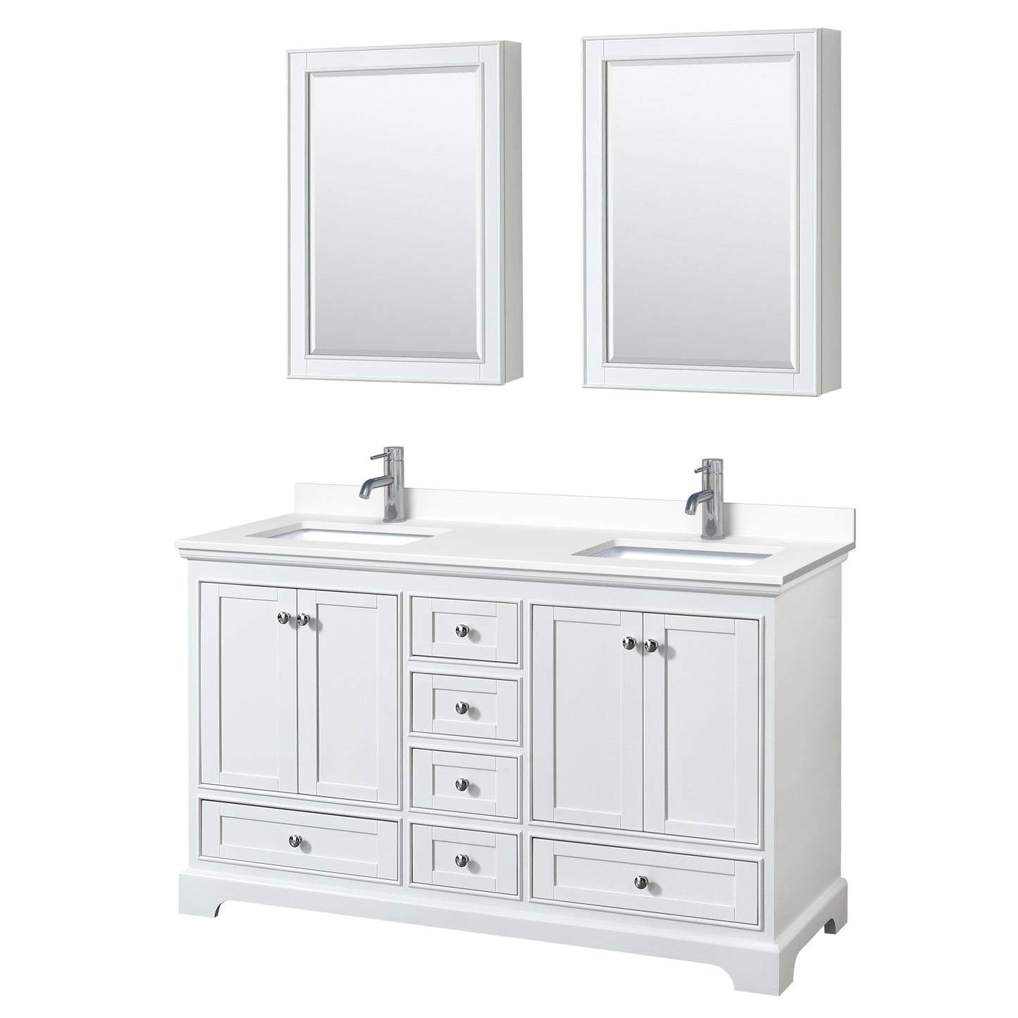 Deborah 60" Double Vanity in White, White Cultured Marble Top, Medicine Cabinets
