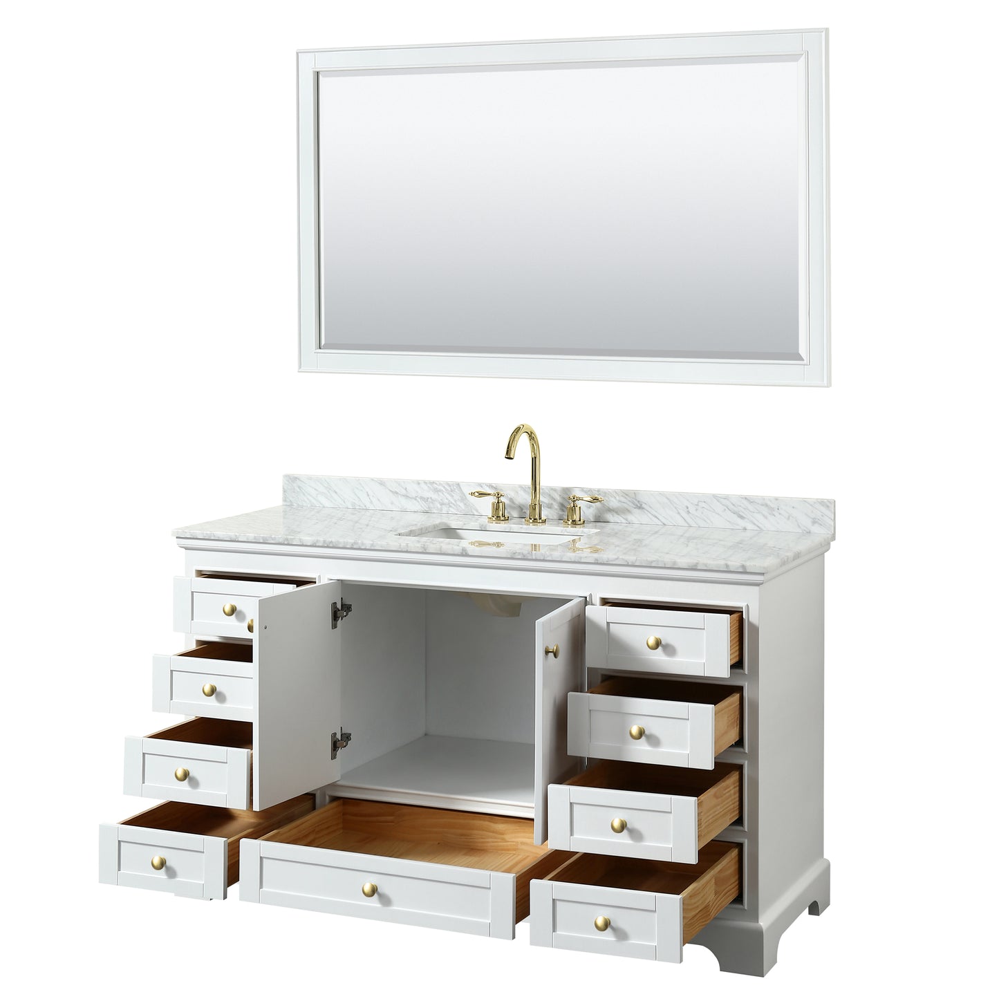 Deborah 60" Single Vanity in White, Top, Square Brushed Gold Trim, 58" Mirror
