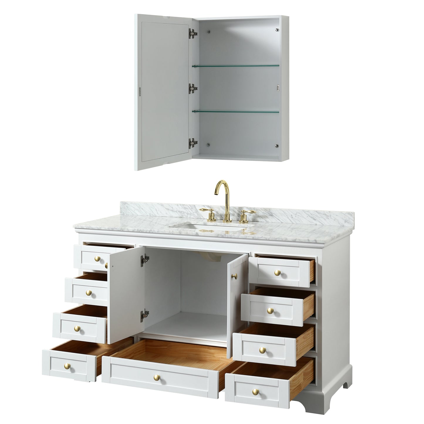 Deborah 60" Single Vanity in White, Top, Gold Trim, Medicine Cabinet