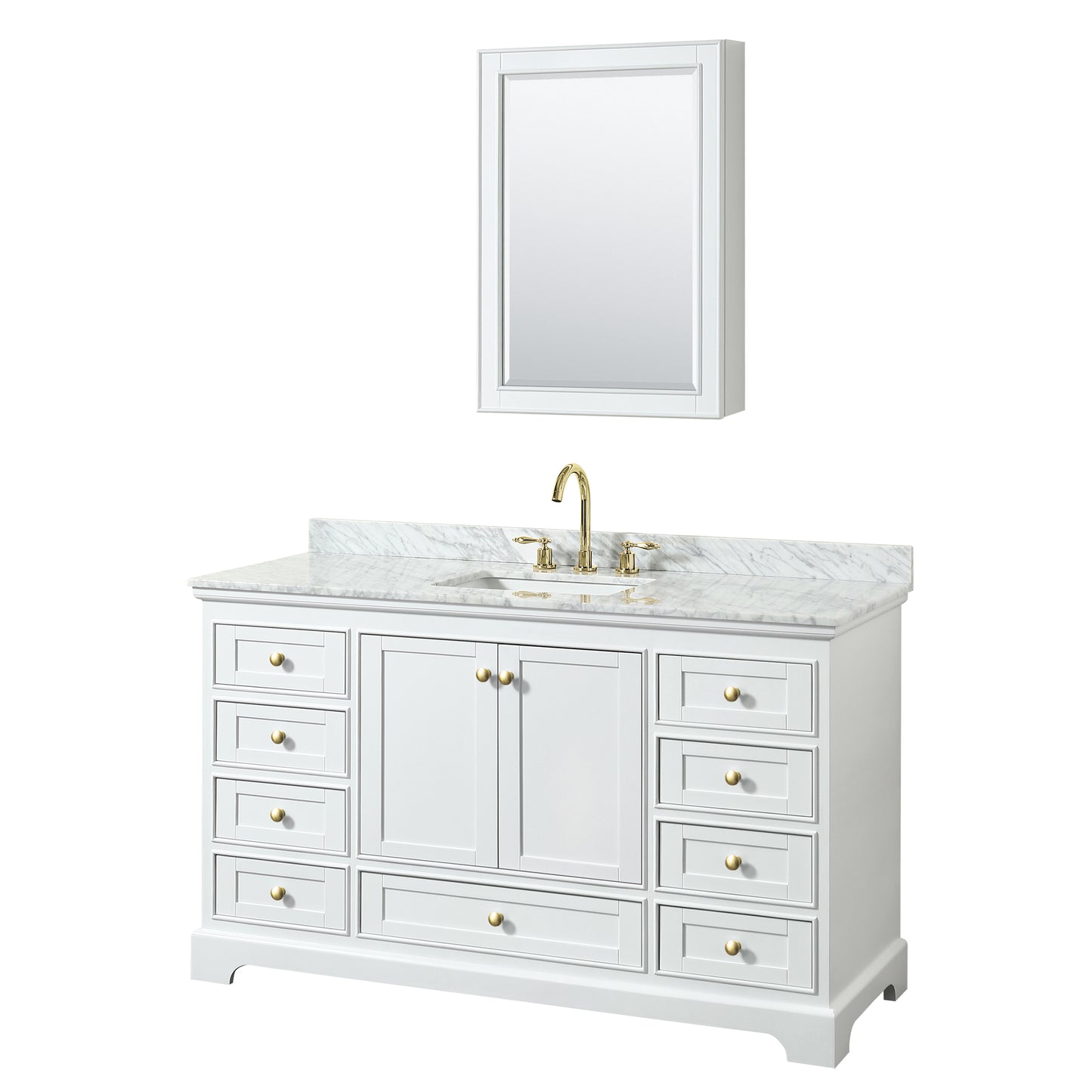Deborah 60" Single Vanity in White, Top, Gold Trim, Medicine Cabinet