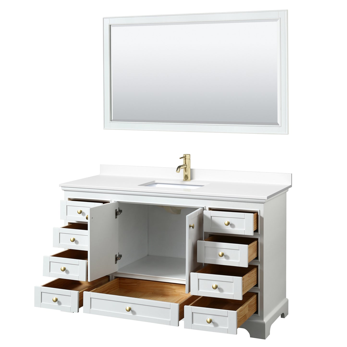 Deborah 60" Single Vanity in White, White Marble Top, Gold Trim, 58" Mirror