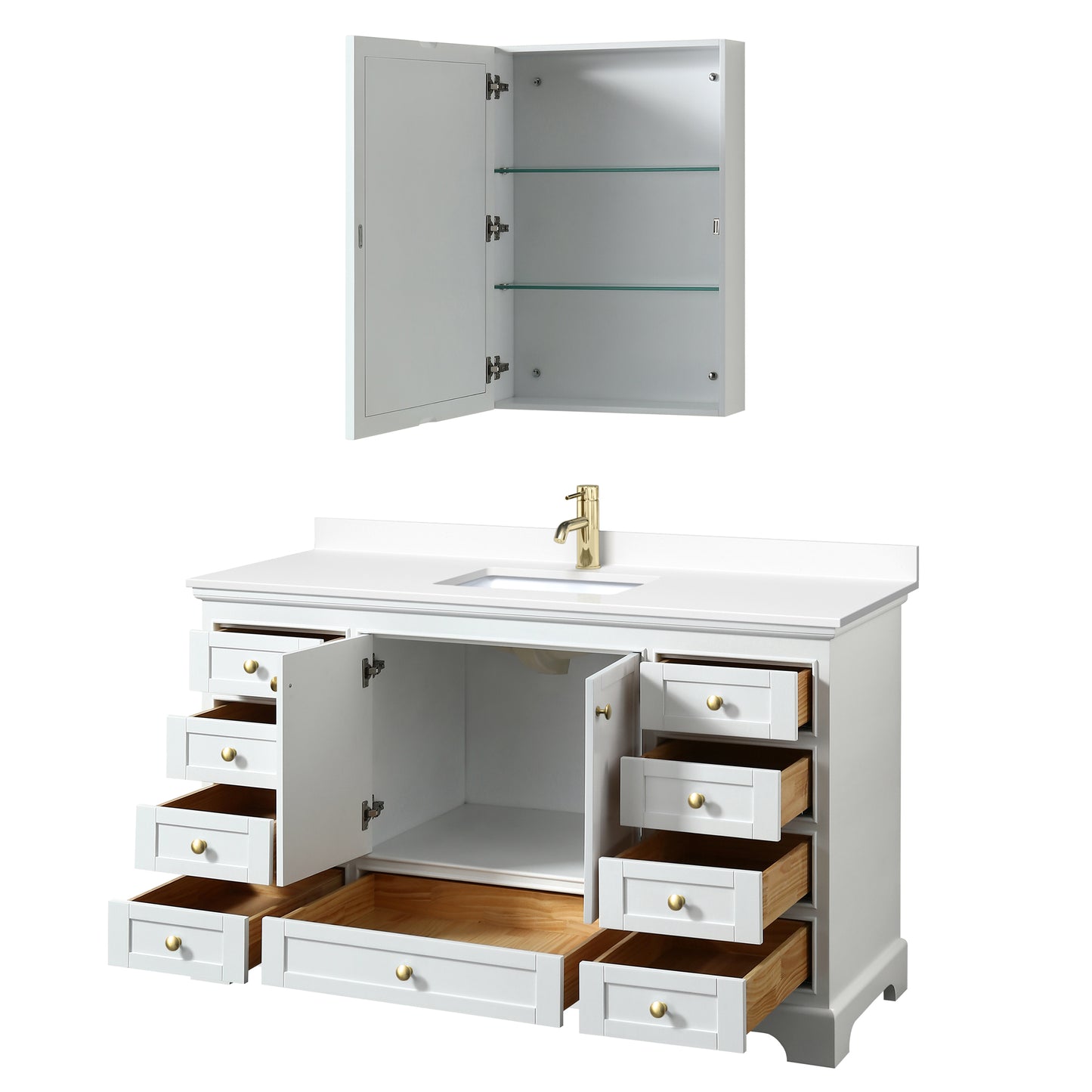 Deborah 60" White Single Vanity, White Marble Top, Gold Trim, Medicine Cabinet