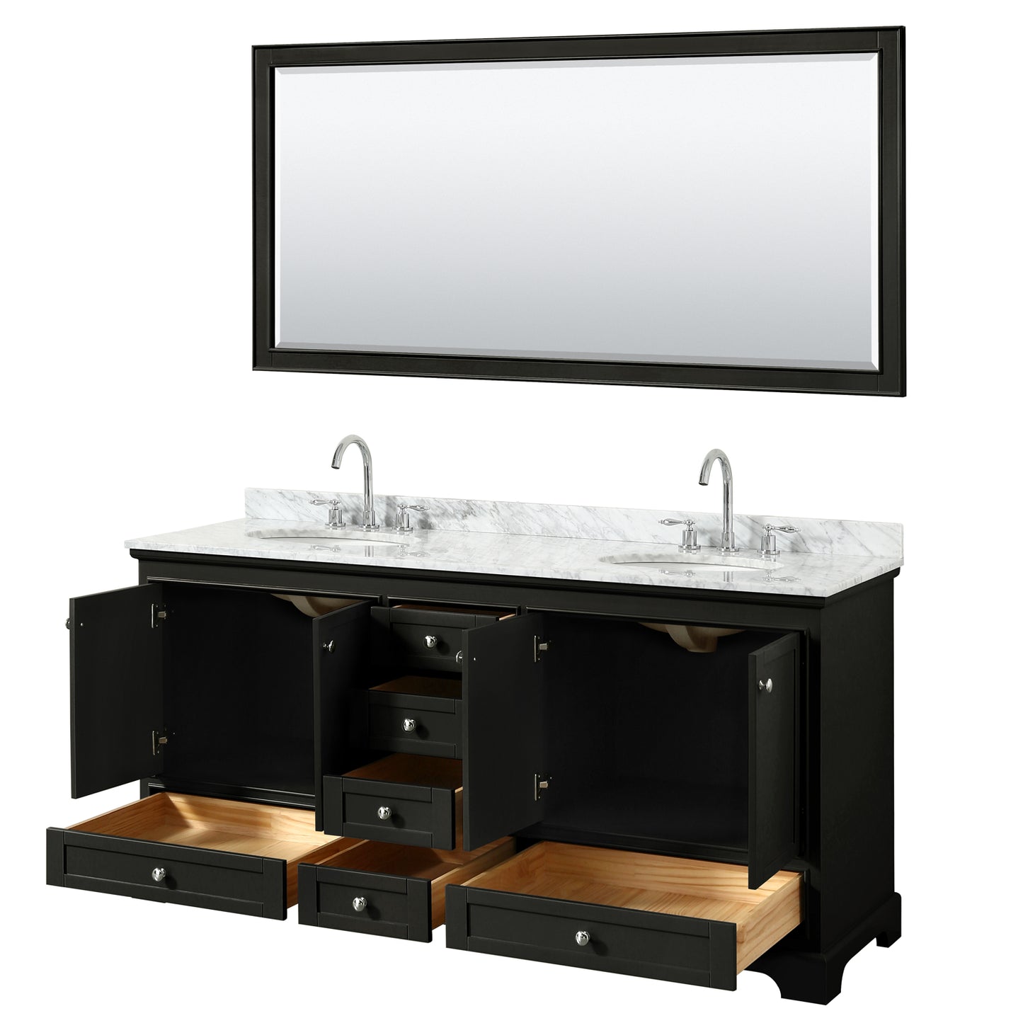 Deborah 72" Double Vanity in Dark Espresso, Top, Oval Sinks, 70" Mirror