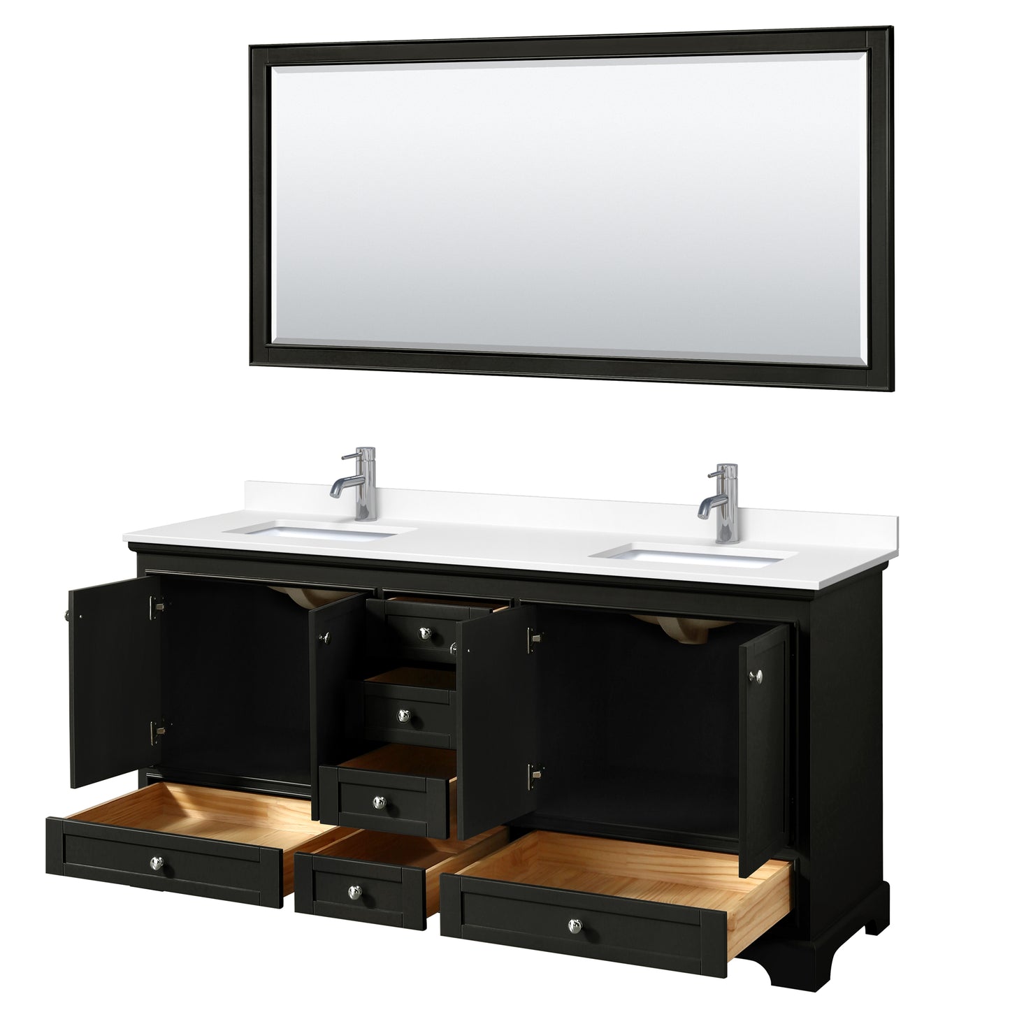 Deborah 72" Double Vanity in Espresso, White Cultured Marble Top, 70" Mirror