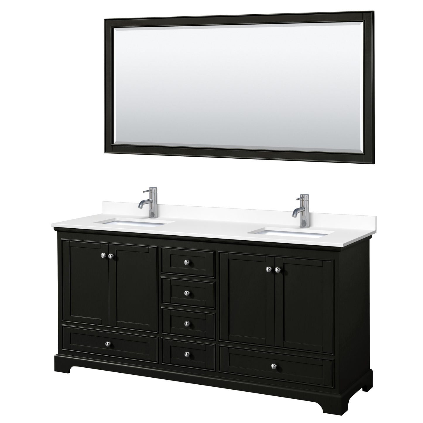 Deborah 72" Double Vanity in Espresso, White Cultured Marble Top, 70" Mirror