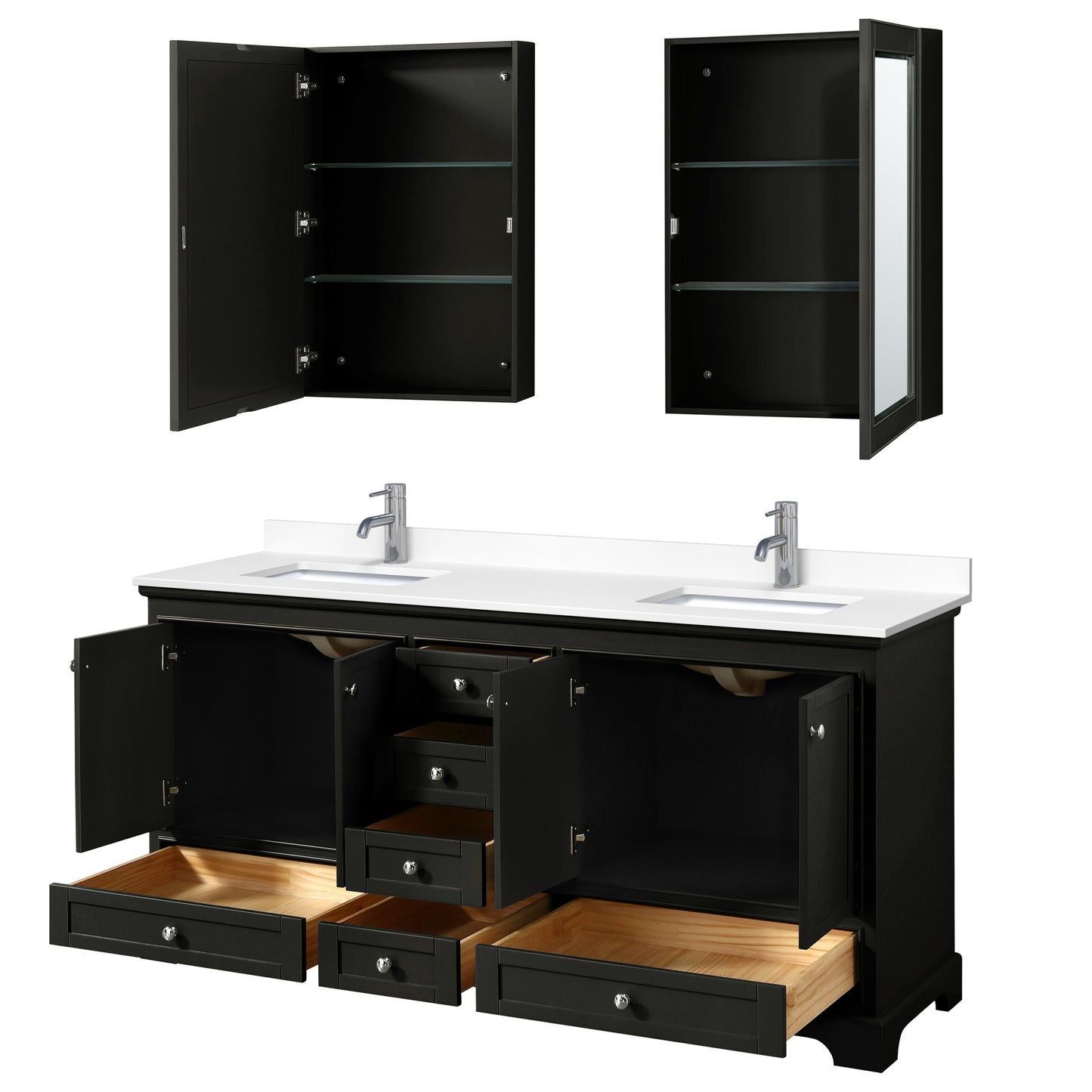 Deborah 72" Double Vanity in Espresso, White Marble Top, Medicine Cabinets