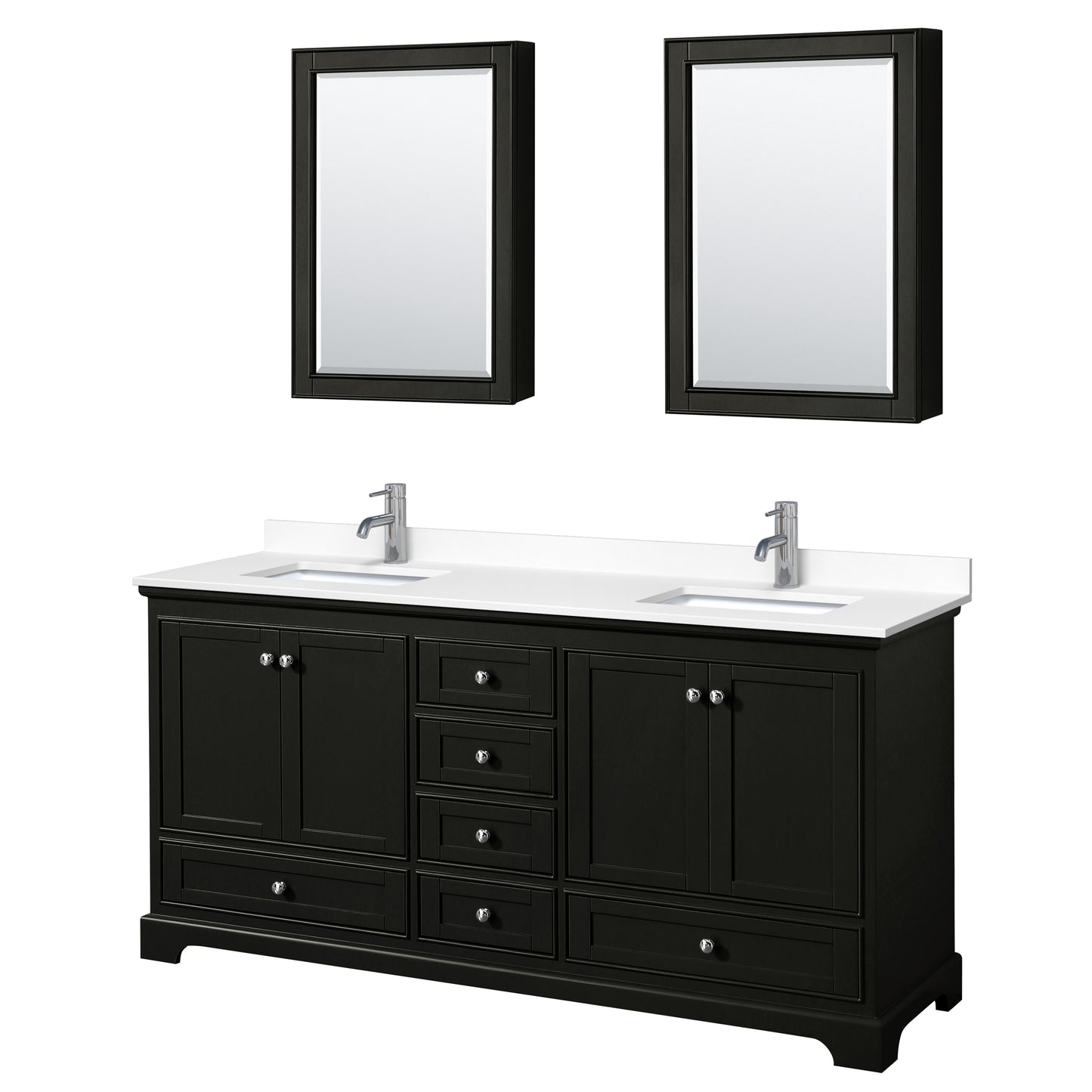 Deborah 72" Double Vanity in Espresso, White Marble Top, Medicine Cabinets