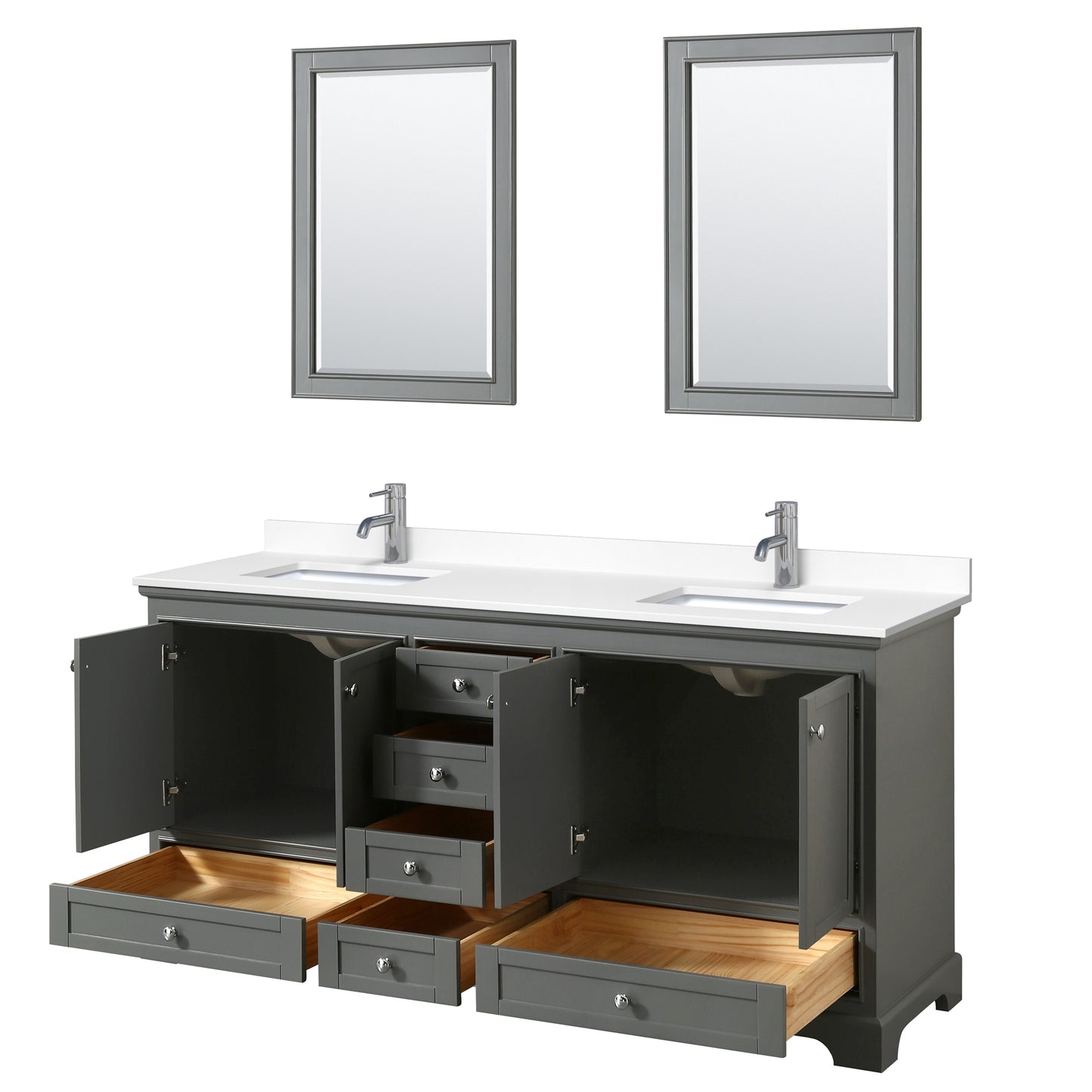 Deborah 72" Double Vanity in Dark Gray, White Cultured Marble Top, 24" Mirrors