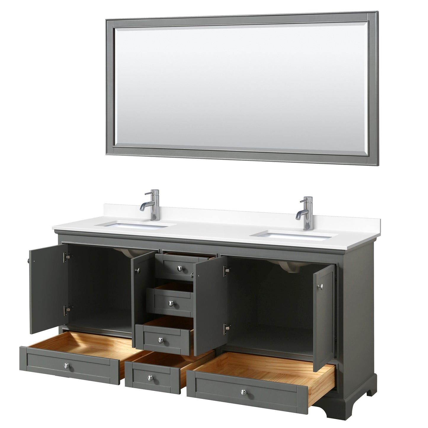 Deborah 72" Double Vanity in Dark Gray, White Cultured Marble Top, 70" Mirror