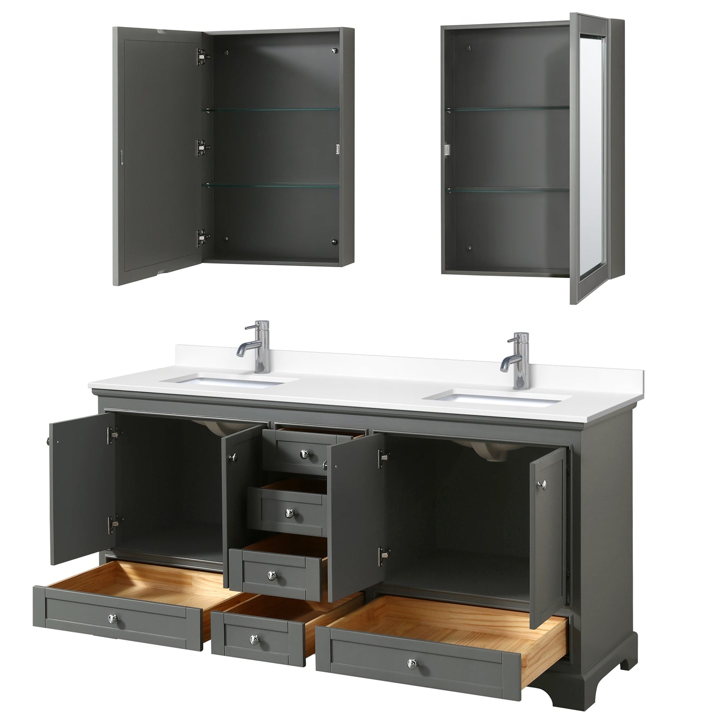 Deborah 72" Double Vanity in Gray, White Cultured Marble Top, Medicine Cabinets