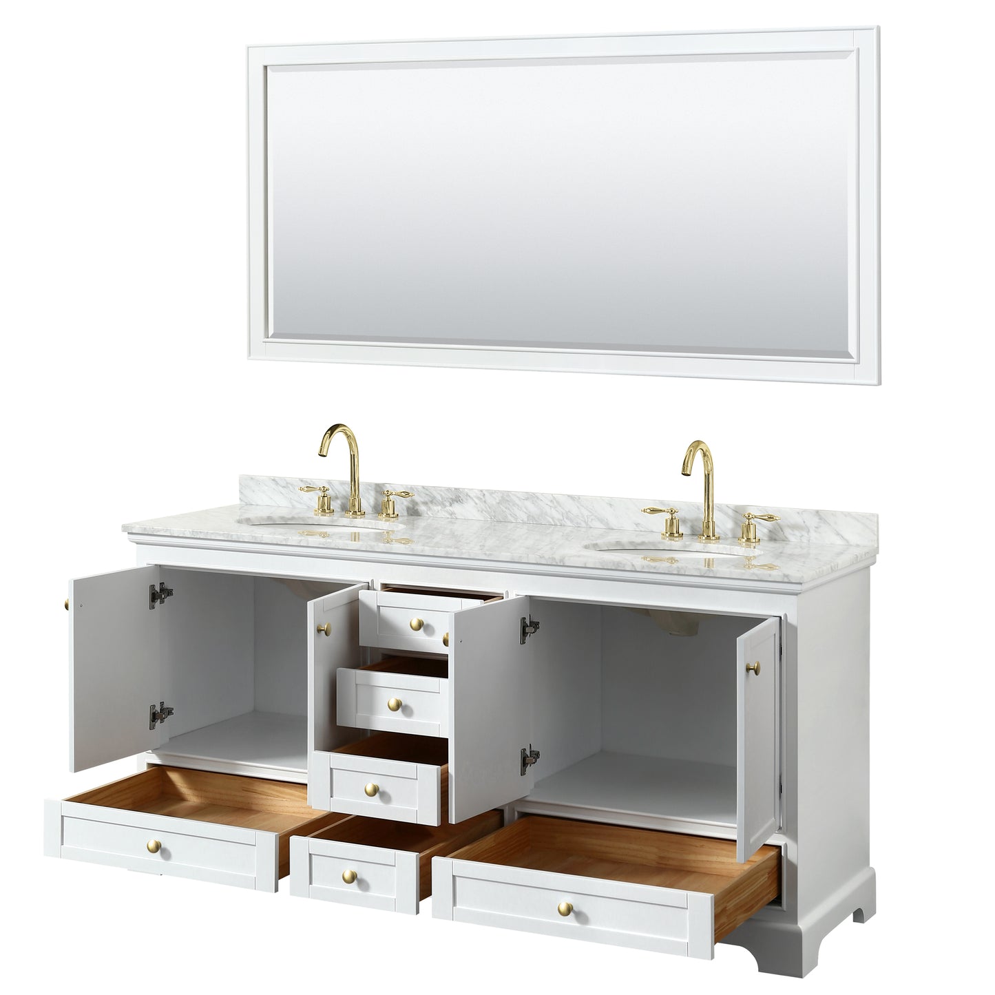 Deborah 72" Double Vanity in White, Top, Oval Brushed Gold Trim, 70" Mirror