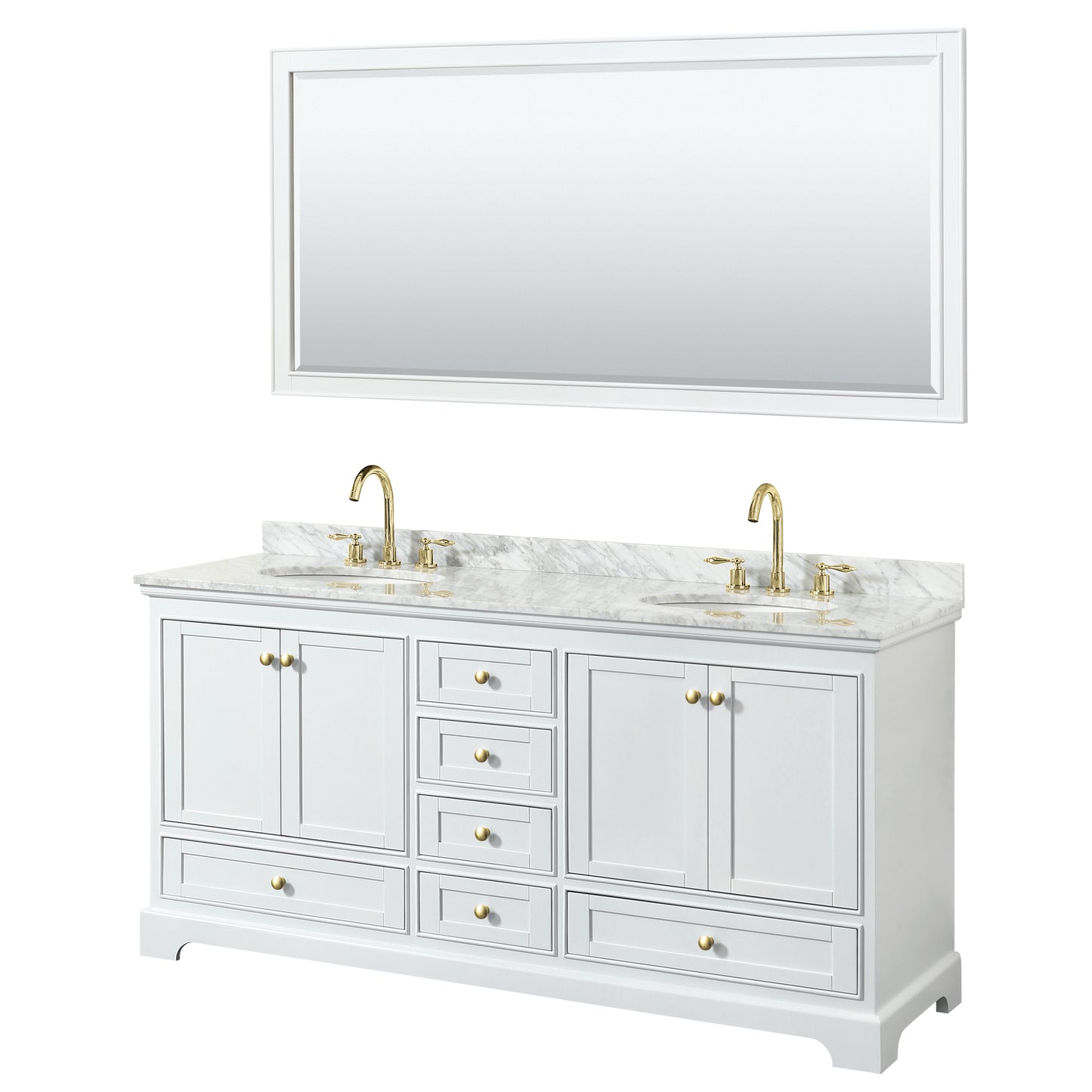 Deborah 72" Double Vanity in White, Top, Oval Brushed Gold Trim, 70" Mirror