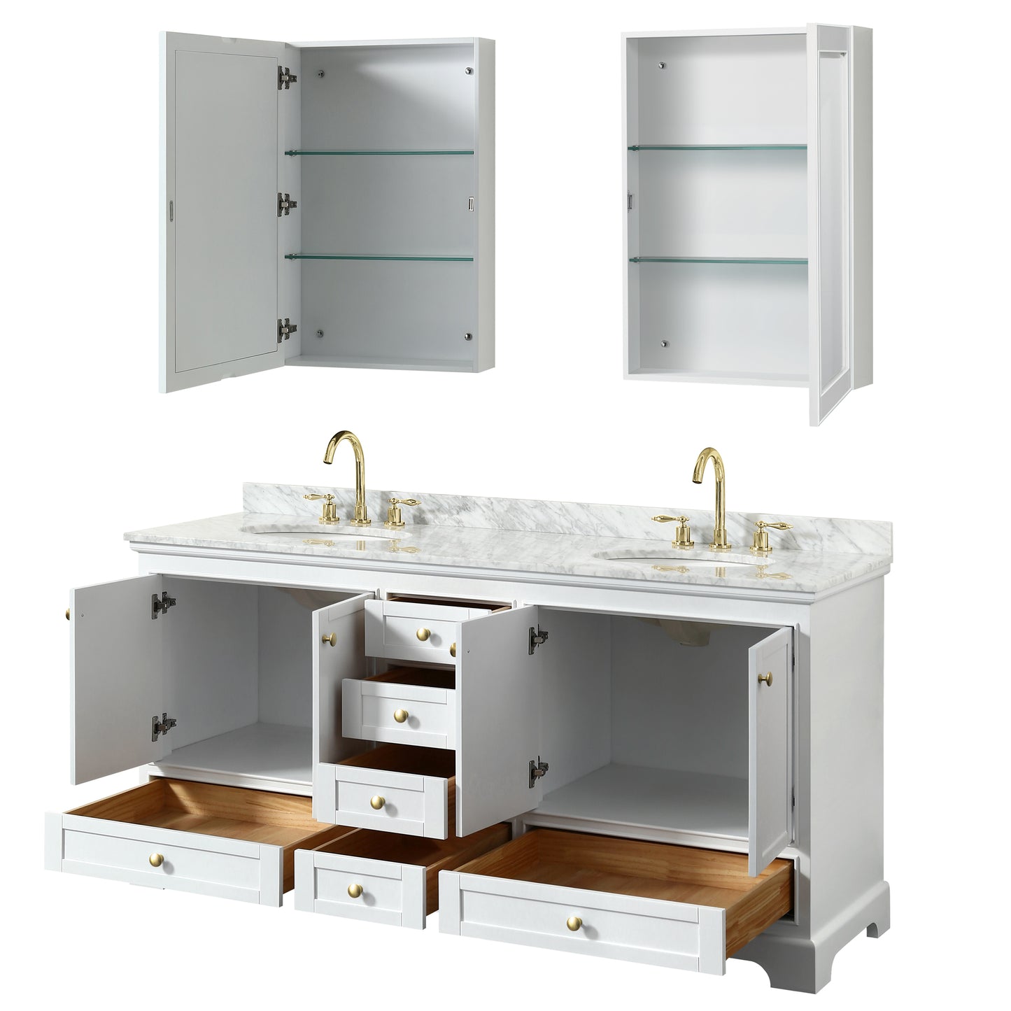 Deborah 72" White Double Vanity, Top, Oval Brushed Gold Trim, Medicine Cabinets