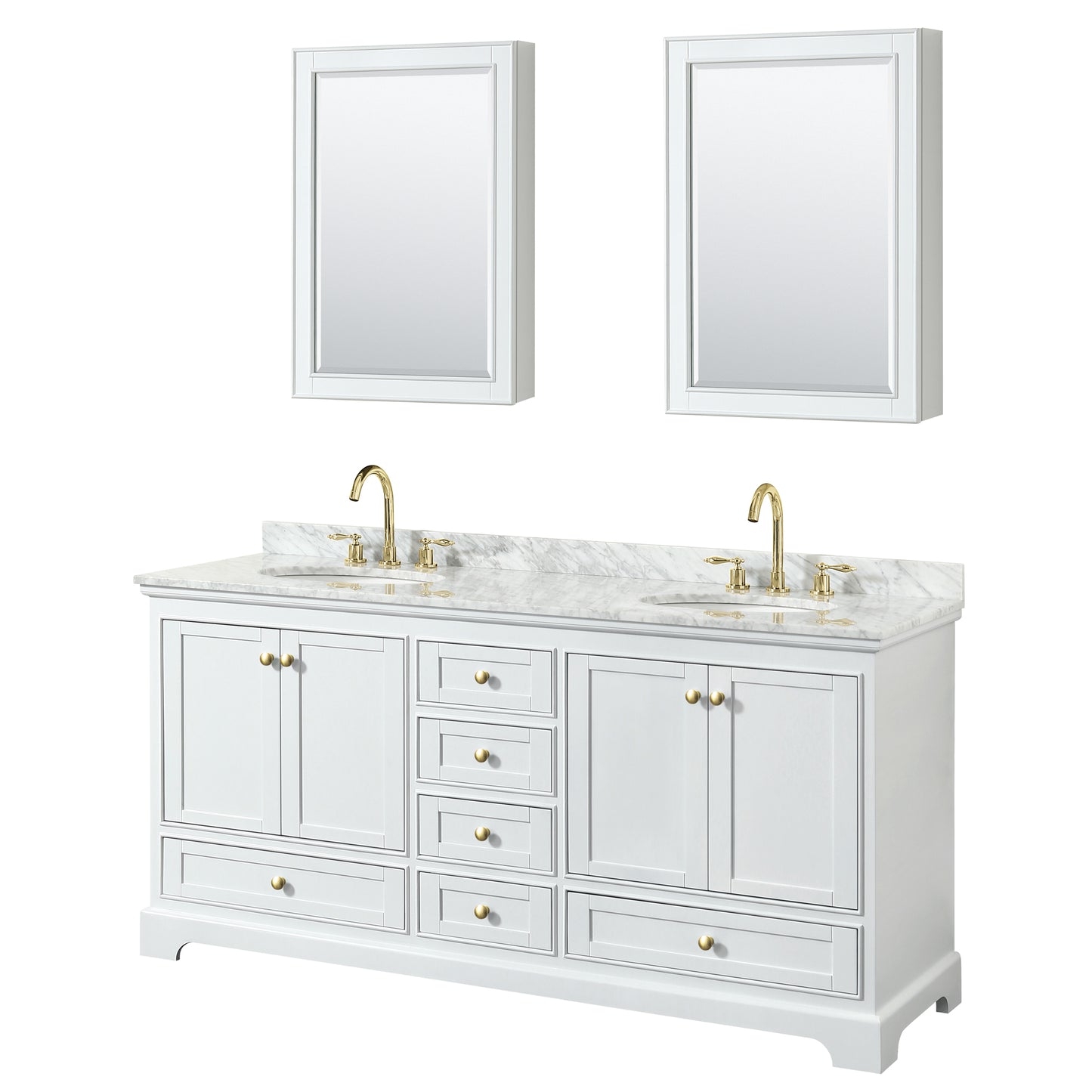 Deborah 72" White Double Vanity, Top, Oval Brushed Gold Trim, Medicine Cabinets