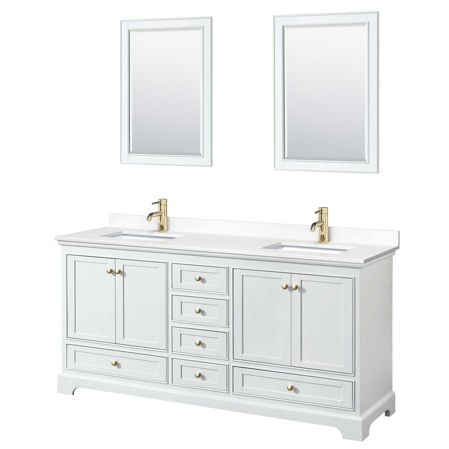 Deborah 72" Double Vanity in White, White Marble Top, Gold Trim, 24" Mirrors